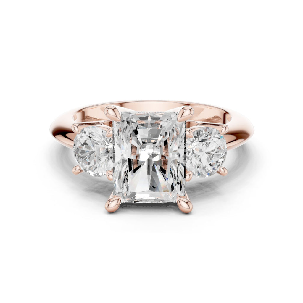 Radiant Cut Three Stone Engagement Ring with Round Sides
