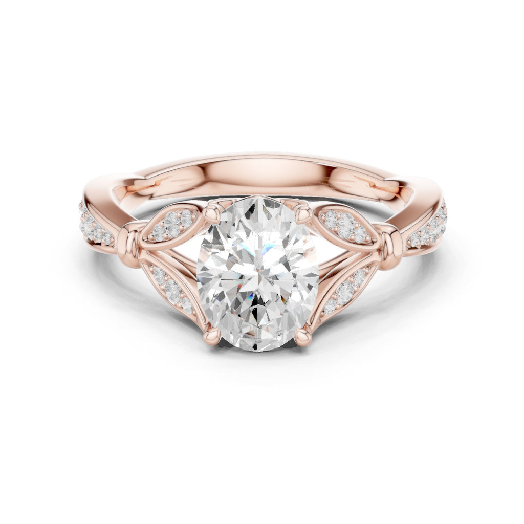 Oval Diamond Engagement Ring with Leaf Side Accents and Pavé Band