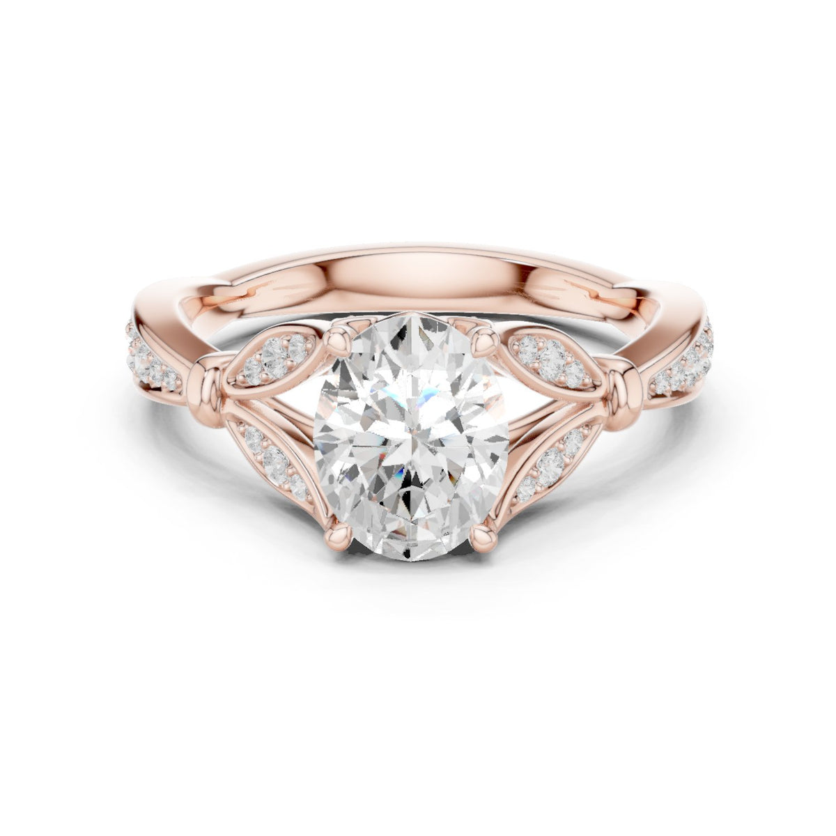 Oval Diamond Engagement Ring with Leaf Side Accents and Pavé Band