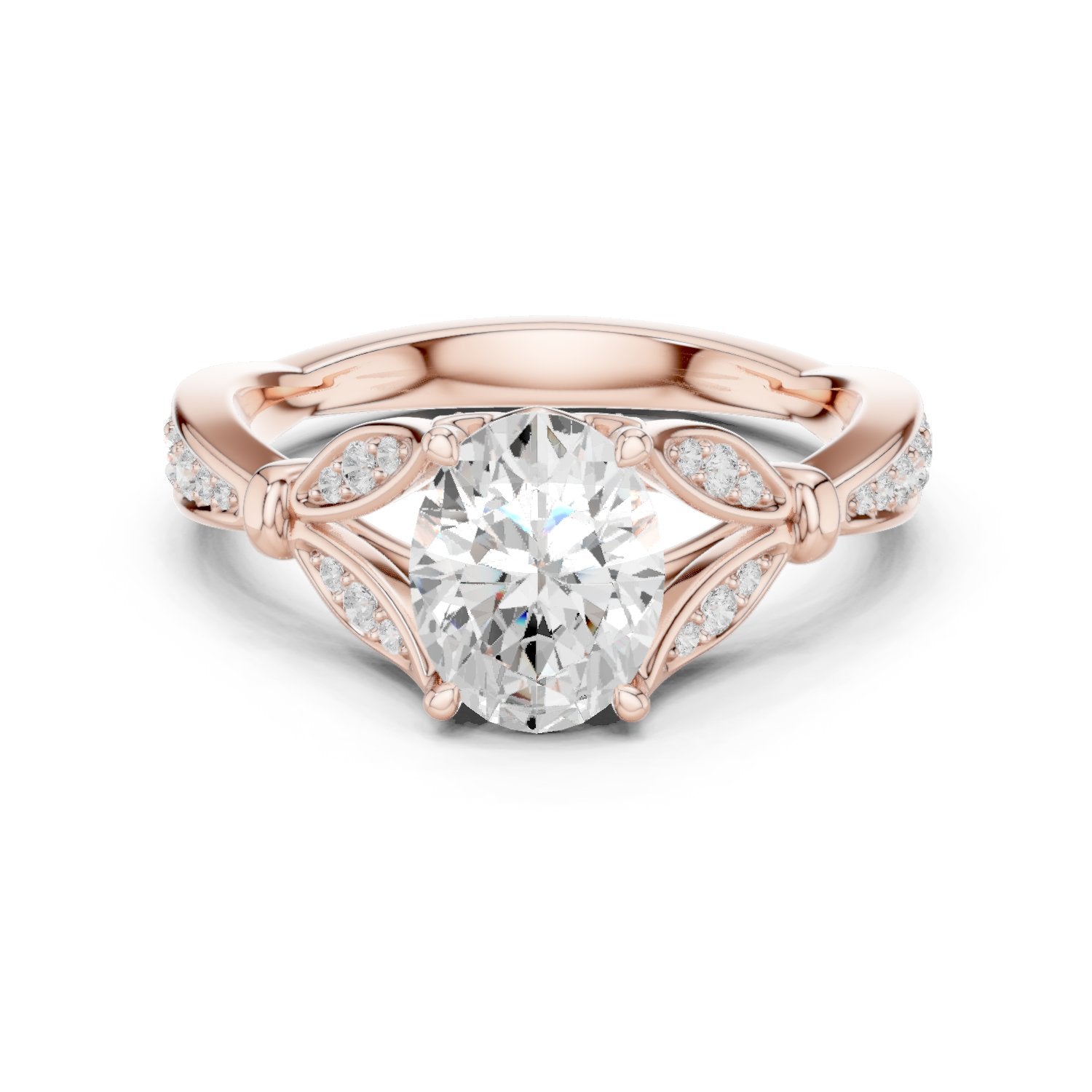 Oval Diamond Engagement Ring with Leaf Side Accents and Pavé Band