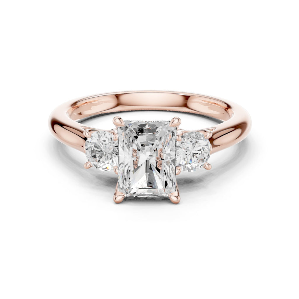 Radiant Cut Three Stone Engagement Ring with Round Sides