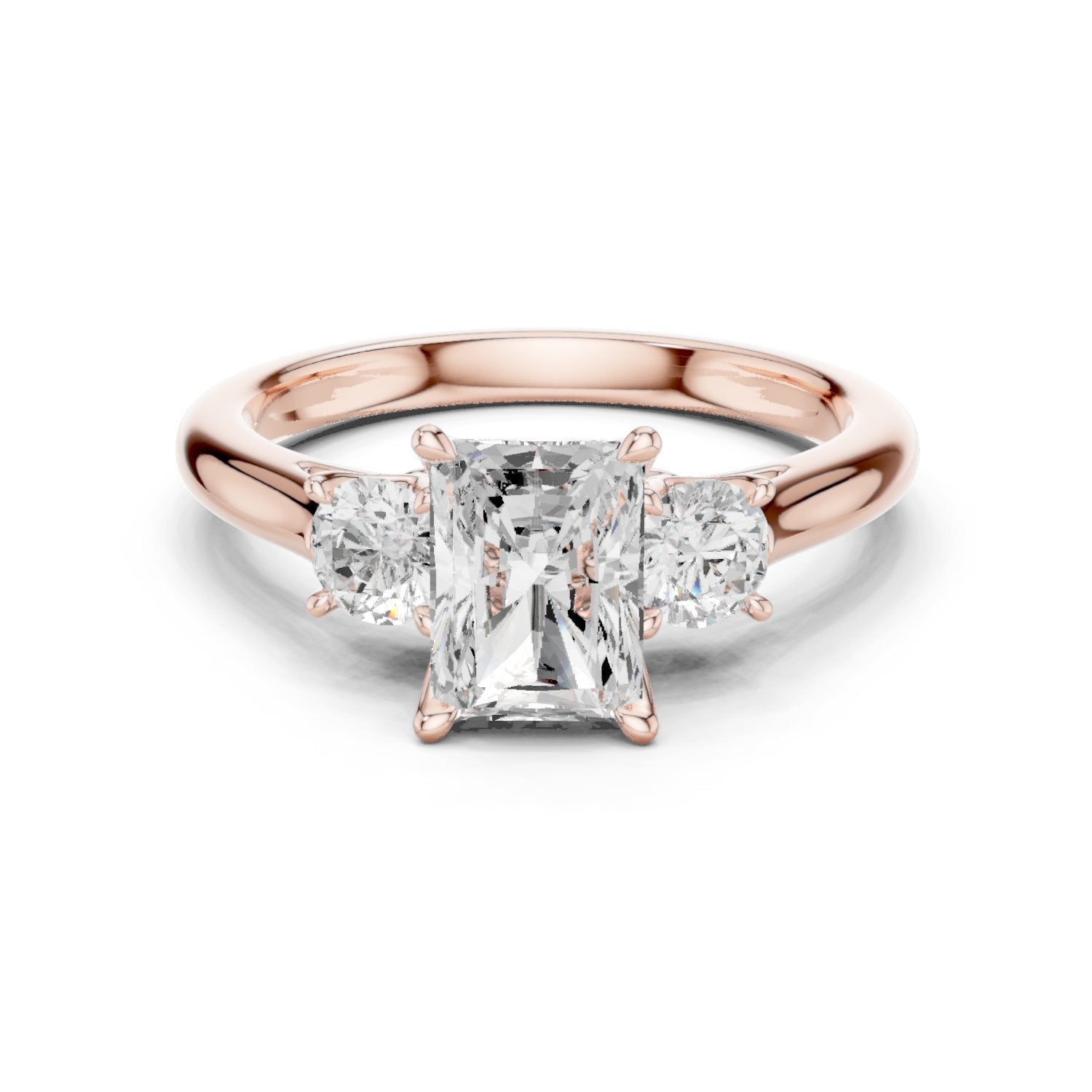 Radiant Cut Three Stone Engagement Ring with Round Sides