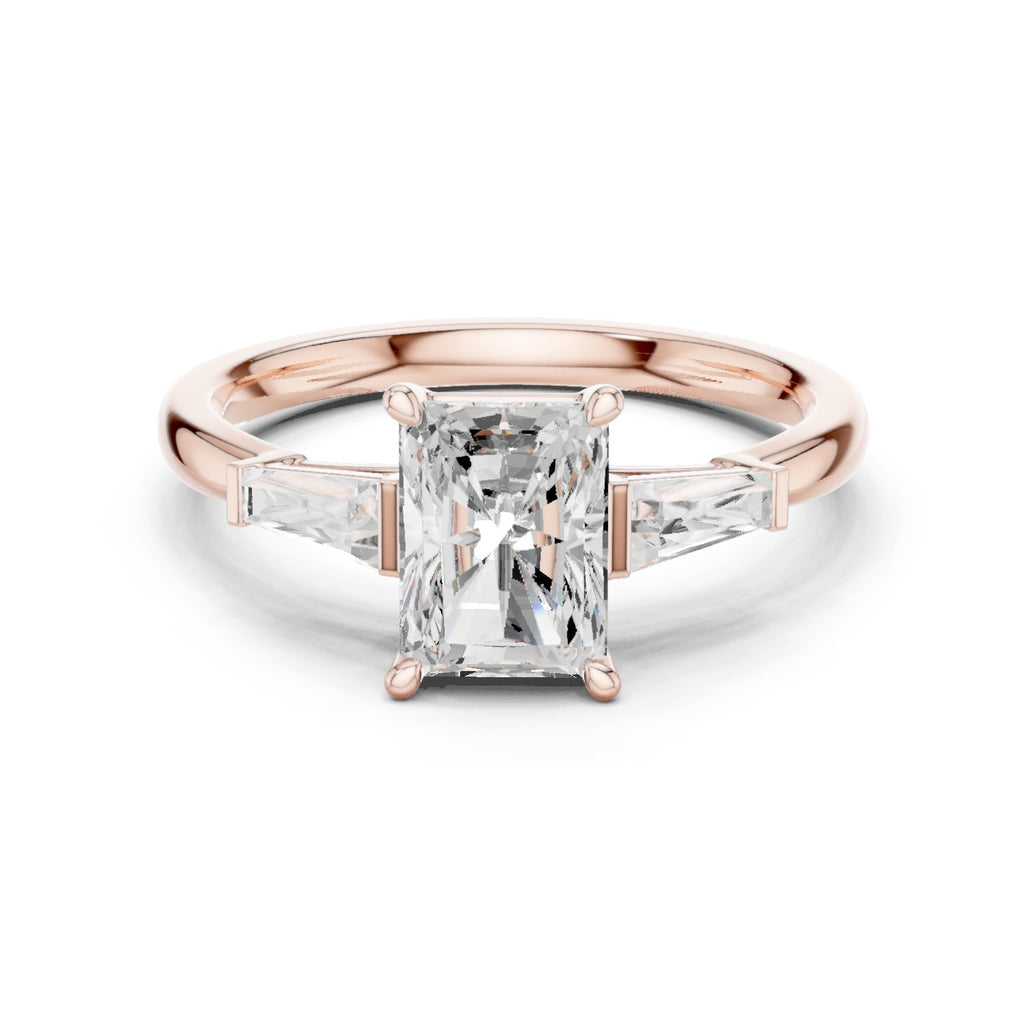 Radiant Cut Three Stone Engagement Ring with Tapered Baguette Sides
