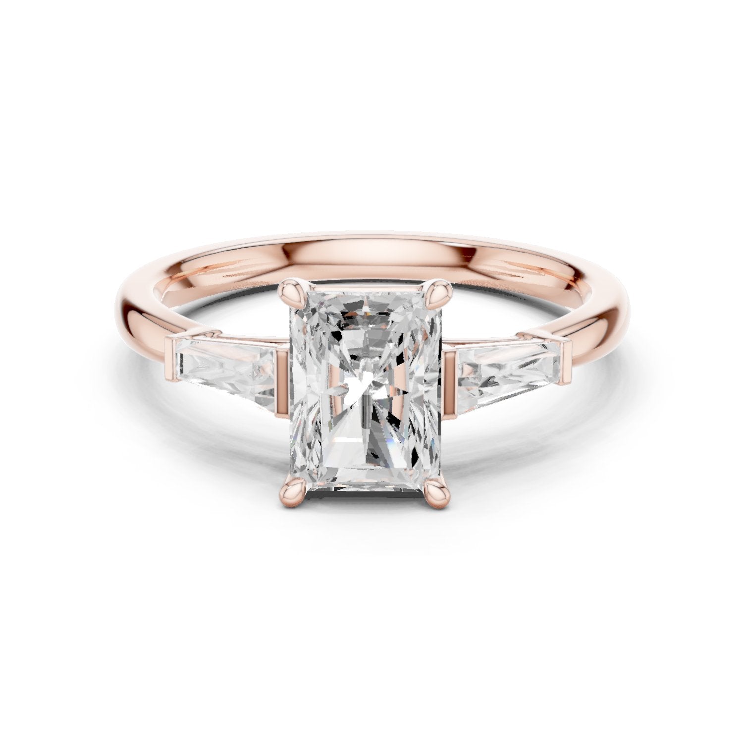 Radiant Cut Three Stone Engagement Ring with Tapered Baguette Sides
