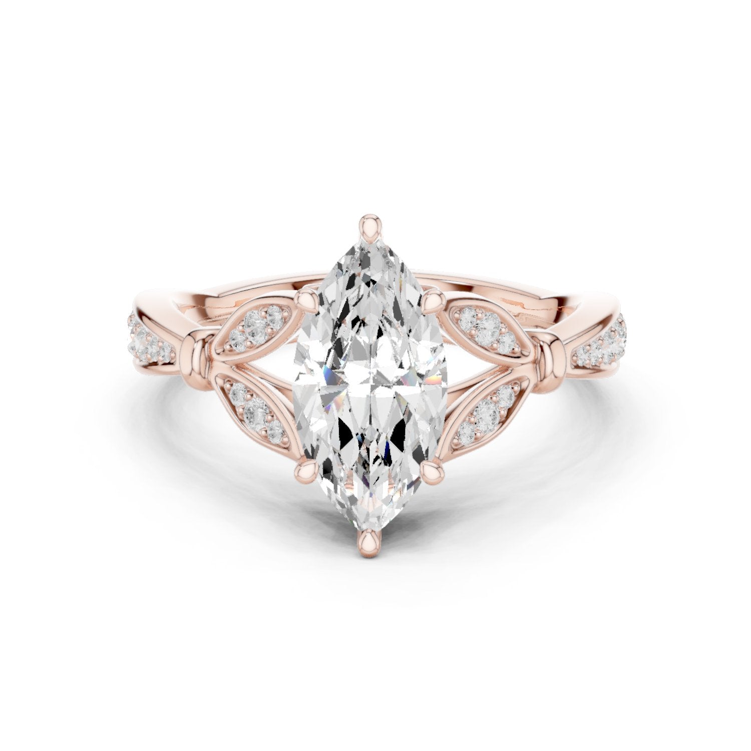 Marquise Cut Engagement Ring with Leaf Accents and Pavé Band