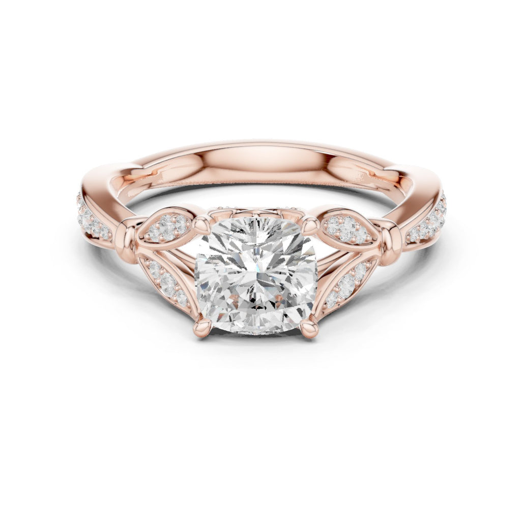 Cushion Cut Halo Engagement Ring with Floral Side Accents