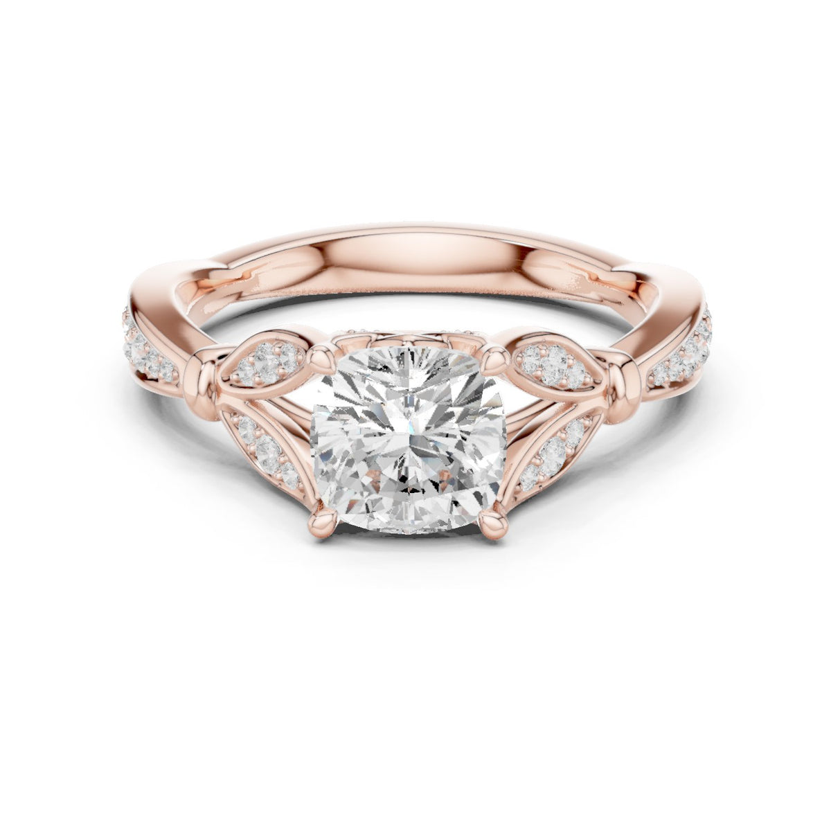 Cushion Cut Halo Engagement Ring with Floral Side Accents