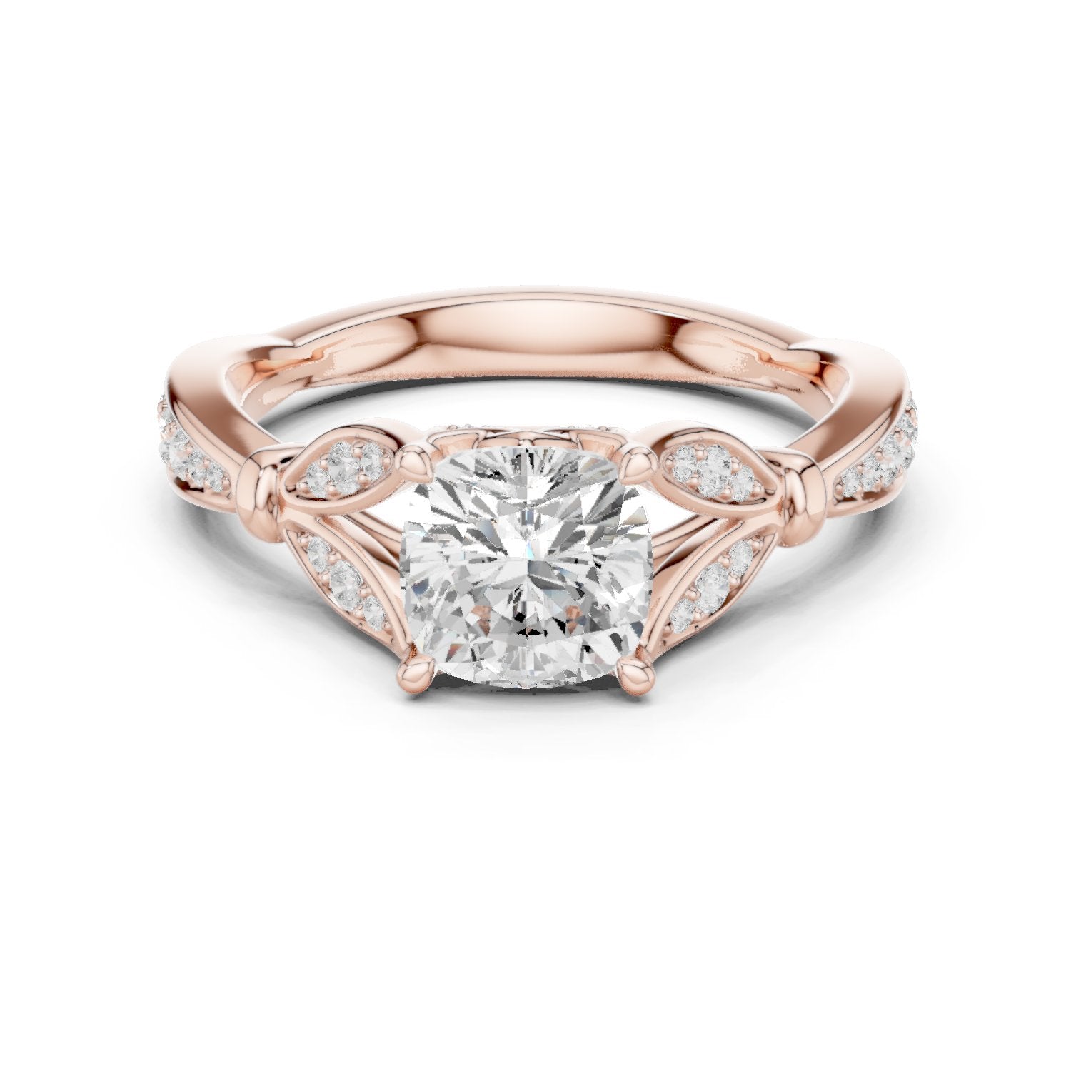 Cushion Cut Halo Engagement Ring with Floral Side Accents