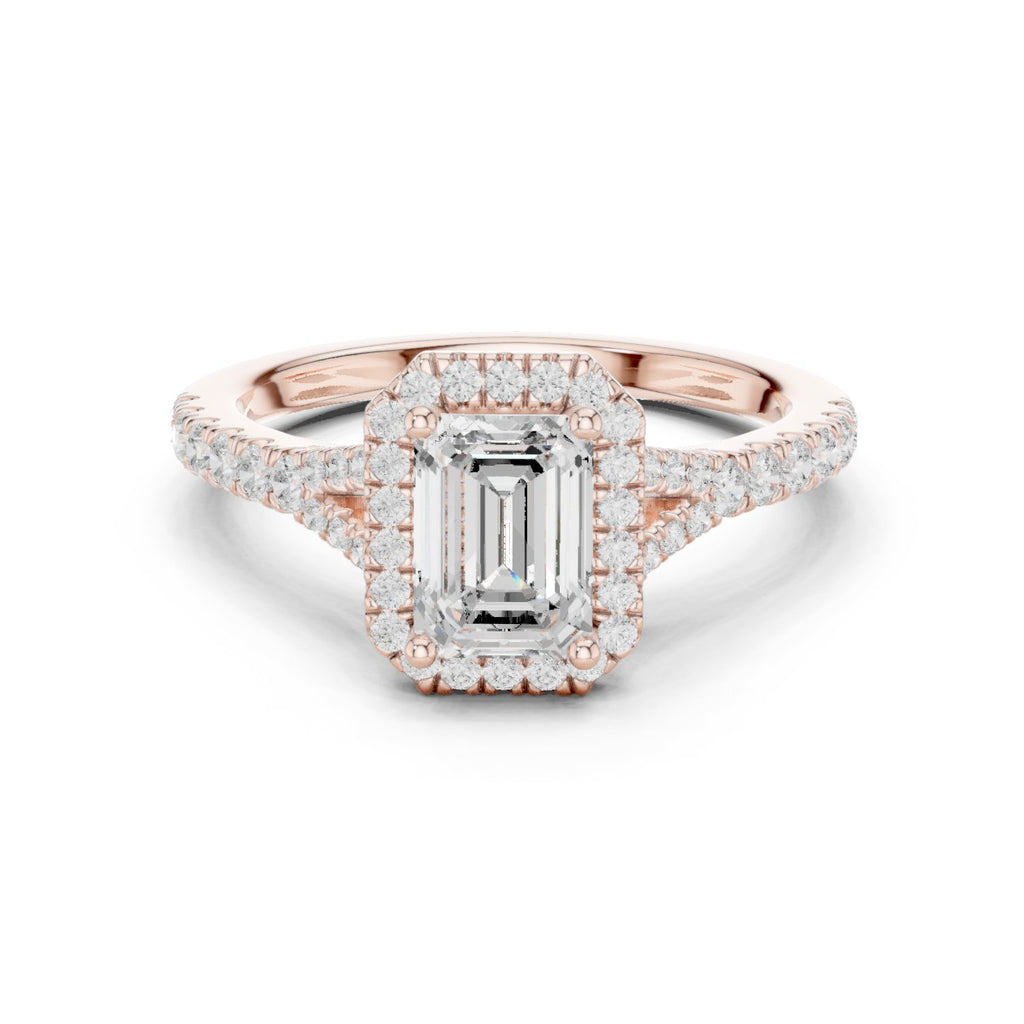 Emerald Cut Halo Engagement Ring with Split Shank Pavé Band