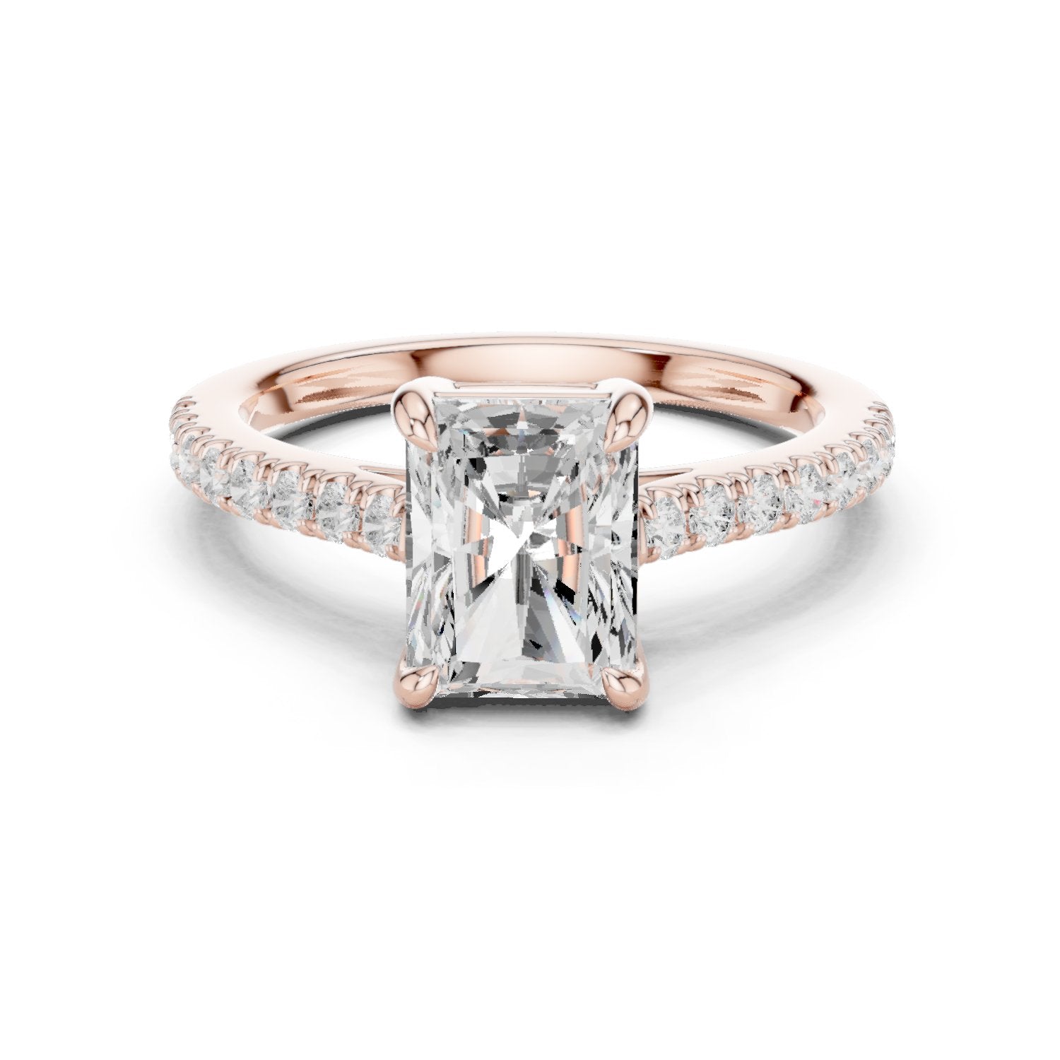 Radiant Cut Three Stone Engagement Ring with Tapered Baguette Sides and Pavé Band