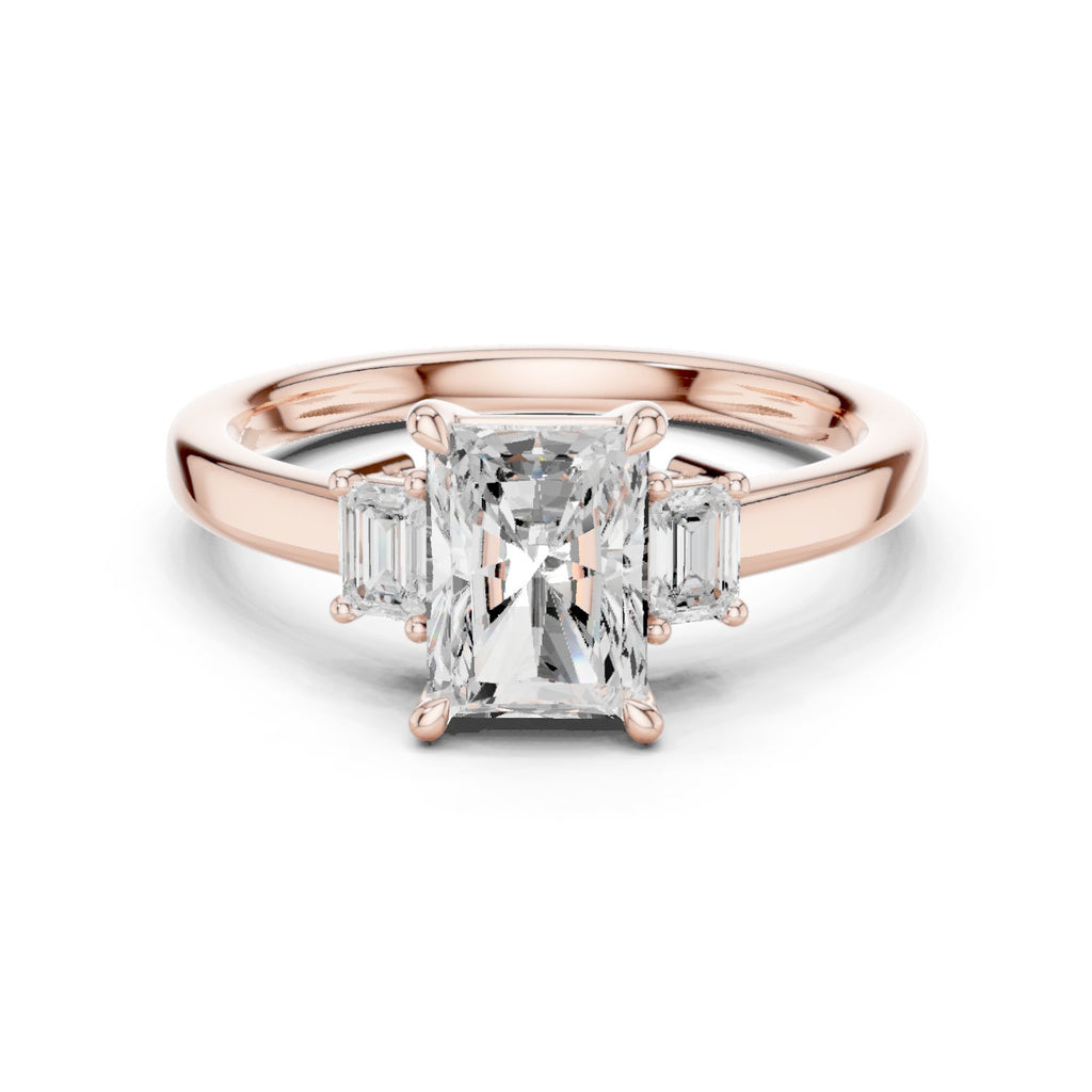 Radiant Cut Three Stone Engagement Ring with Emerald Sides