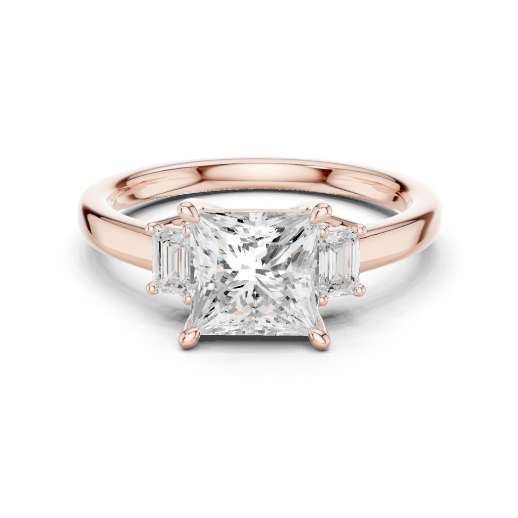 Princess Cut Three Stone Engagement Ring with Tapered Baguette Sides