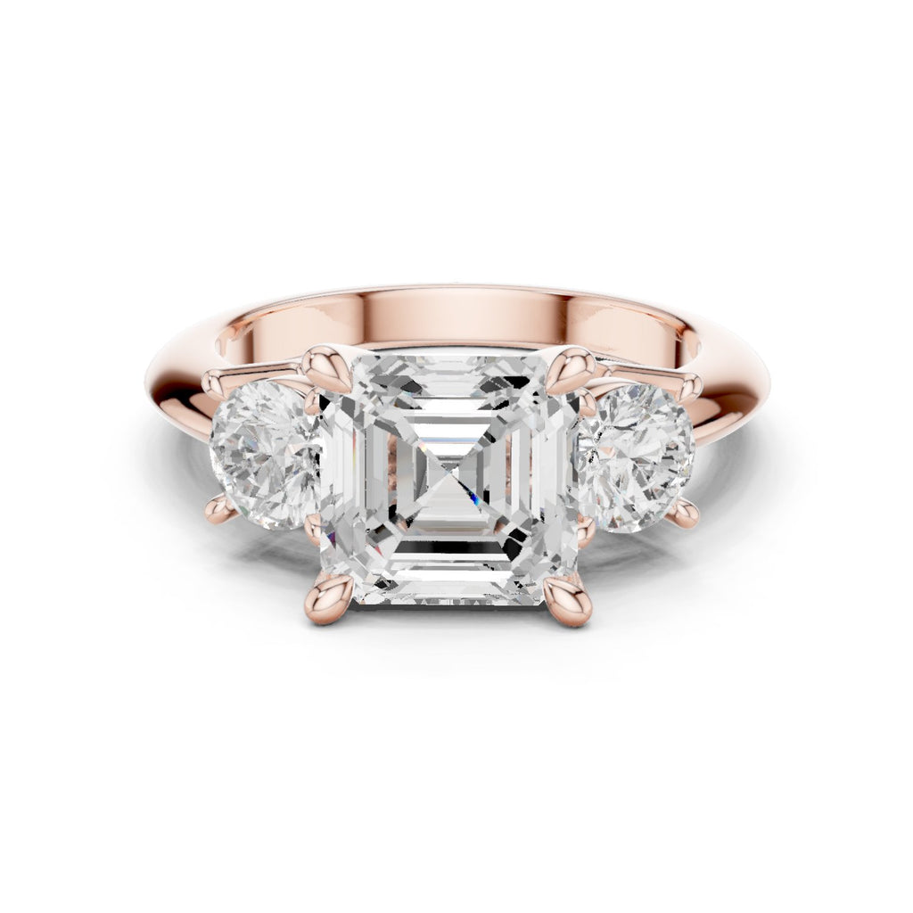 Asscher Cut Three Stone Engagement Ring with Round Sides