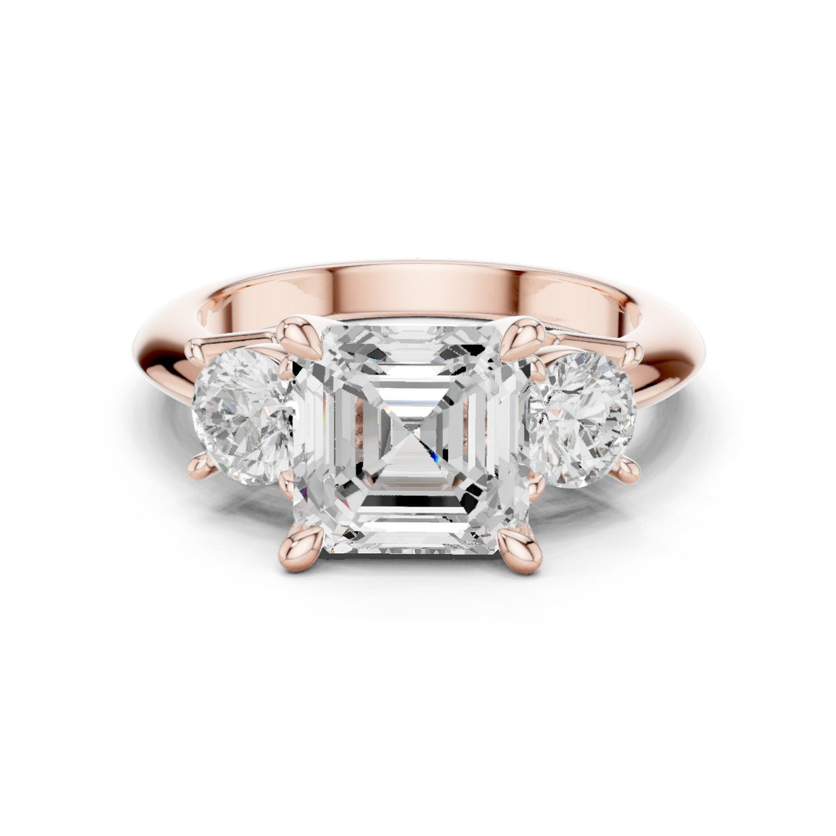 Asscher Cut Three Stone Engagement Ring with Round Sides