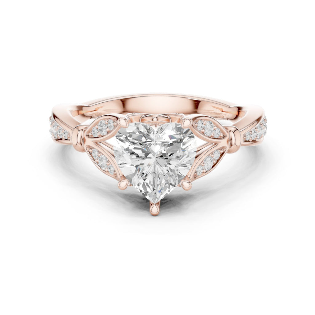 Heart Diamond Engagement Ring with Leaf Side Accents and Pavé Band