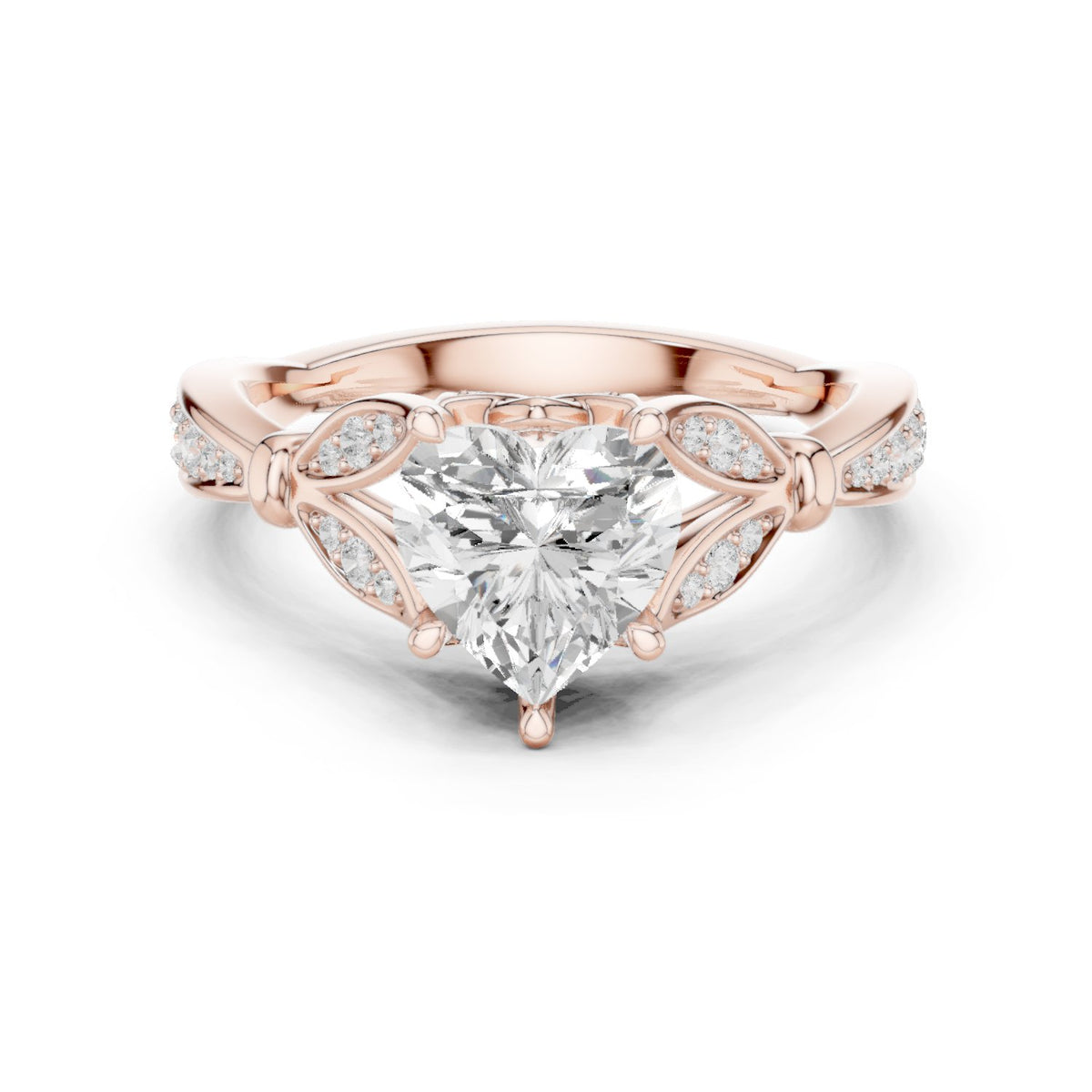 Heart Diamond Engagement Ring with Leaf Side Accents and Pavé Band