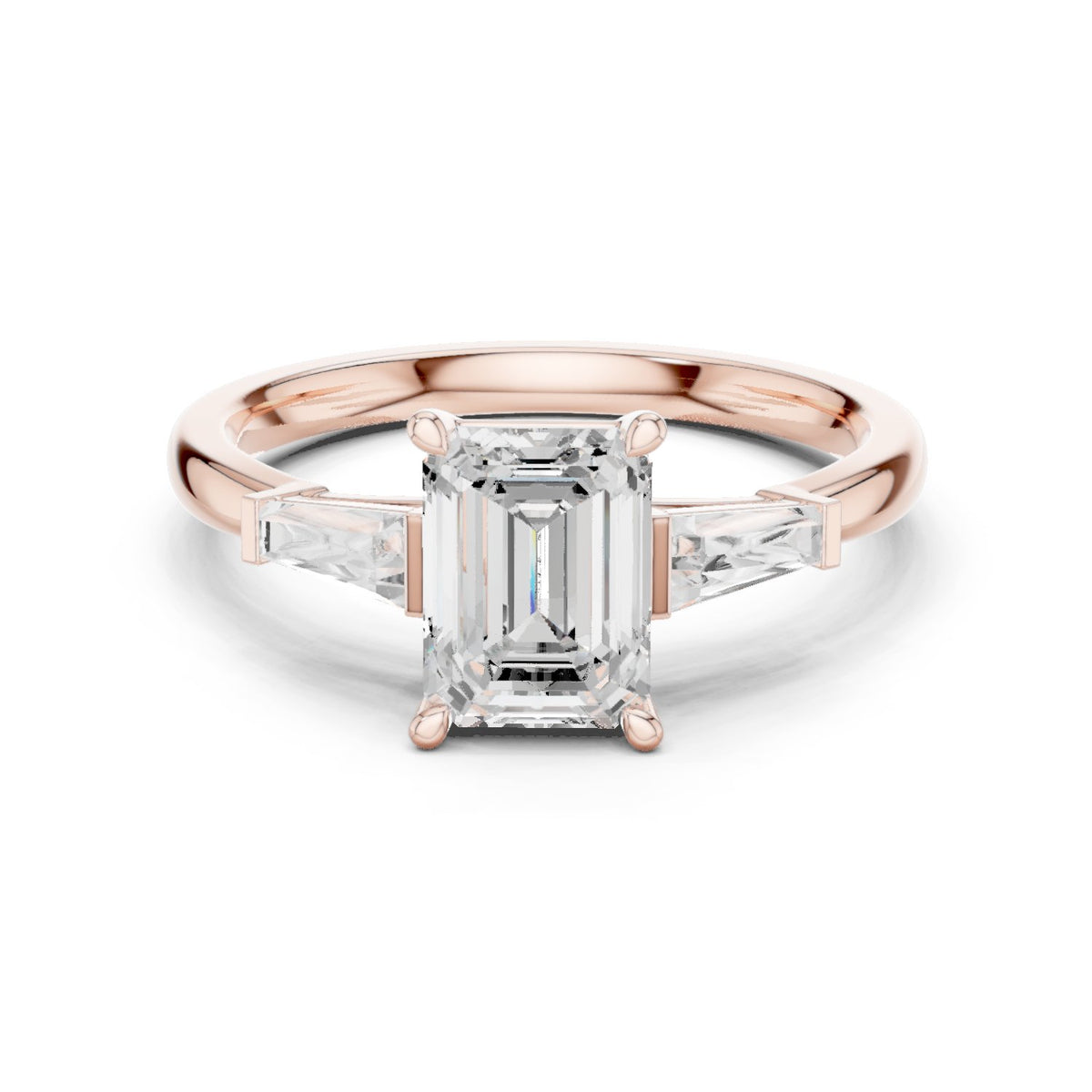 Emerald Cut Three Stone Engagement Ring with Tapered Baguette Sides