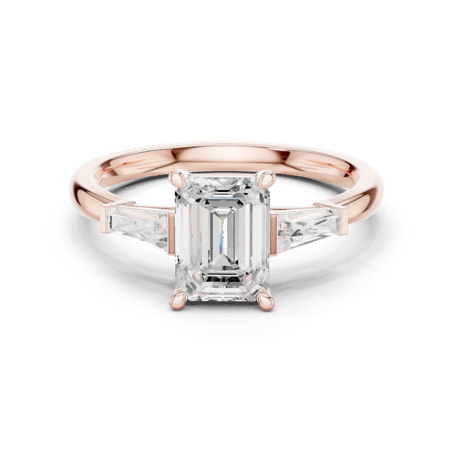Emerald Cut Three Stone Engagement Ring with Tapered Baguette Sides