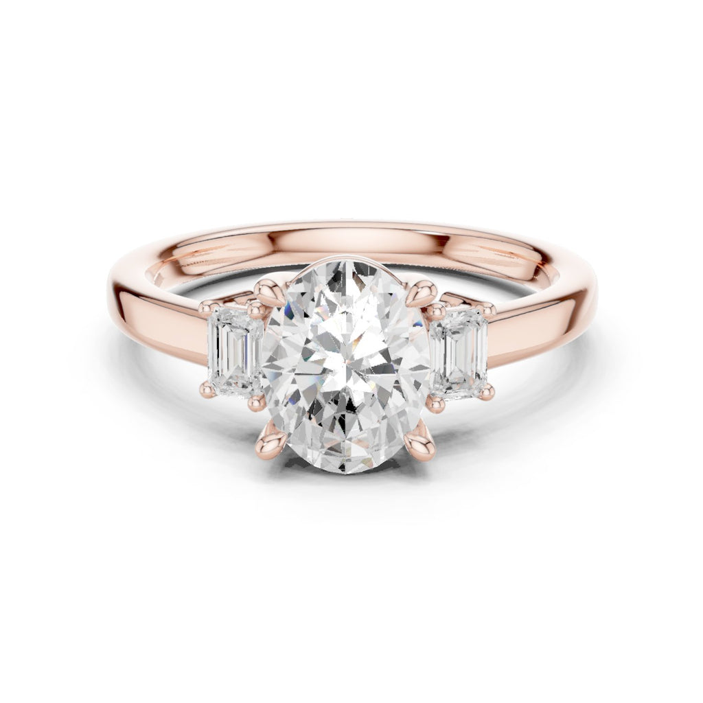 Oval Diamond Three Stone Engagement Ring with Baguette Sides