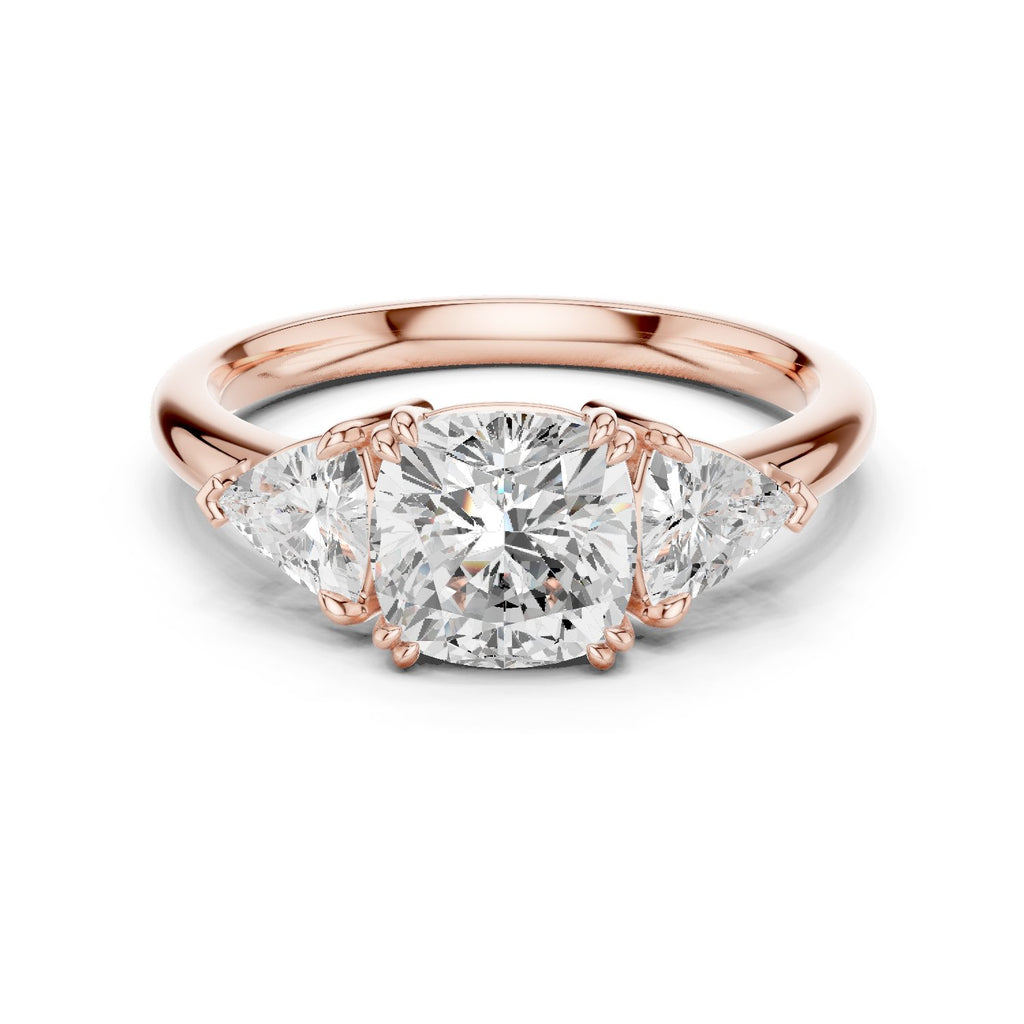 Cushion Cut Three Stone Engagement Ring with Trilliant Sides