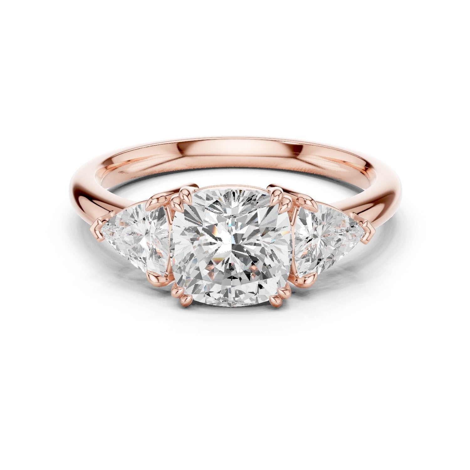 Cushion Cut Three Stone Engagement Ring with Trilliant Sides