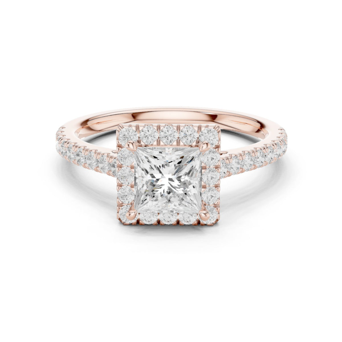 Princess Cut Halo Engagement Ring with Pavé Band