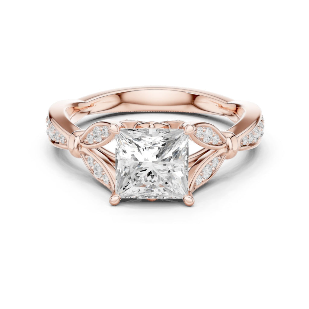 Princess Cut Engagement Ring with Leaf Side Accents and Pavé Band