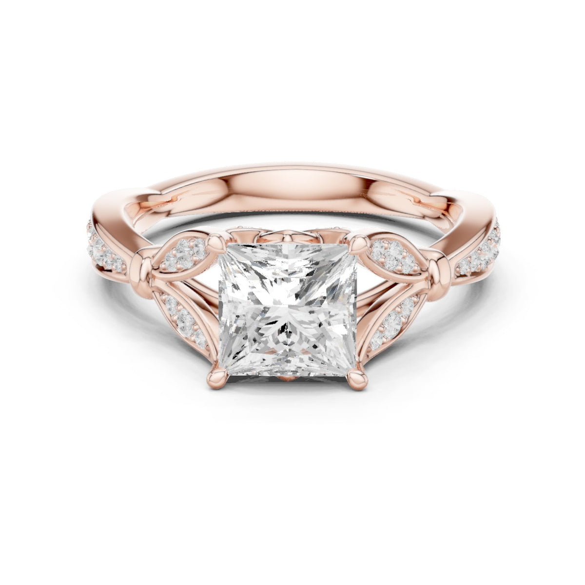 Princess Cut Engagement Ring with Leaf Side Accents and Pavé Band
