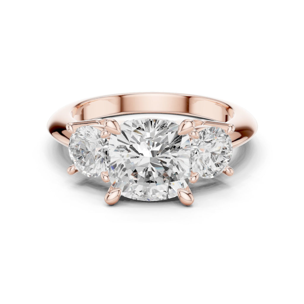 Cushion Cut Three Stone Engagement Ring with Round Sides