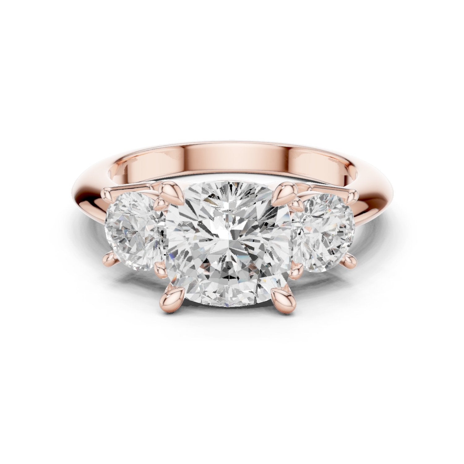 Cushion Cut Three Stone Engagement Ring with Round Sides