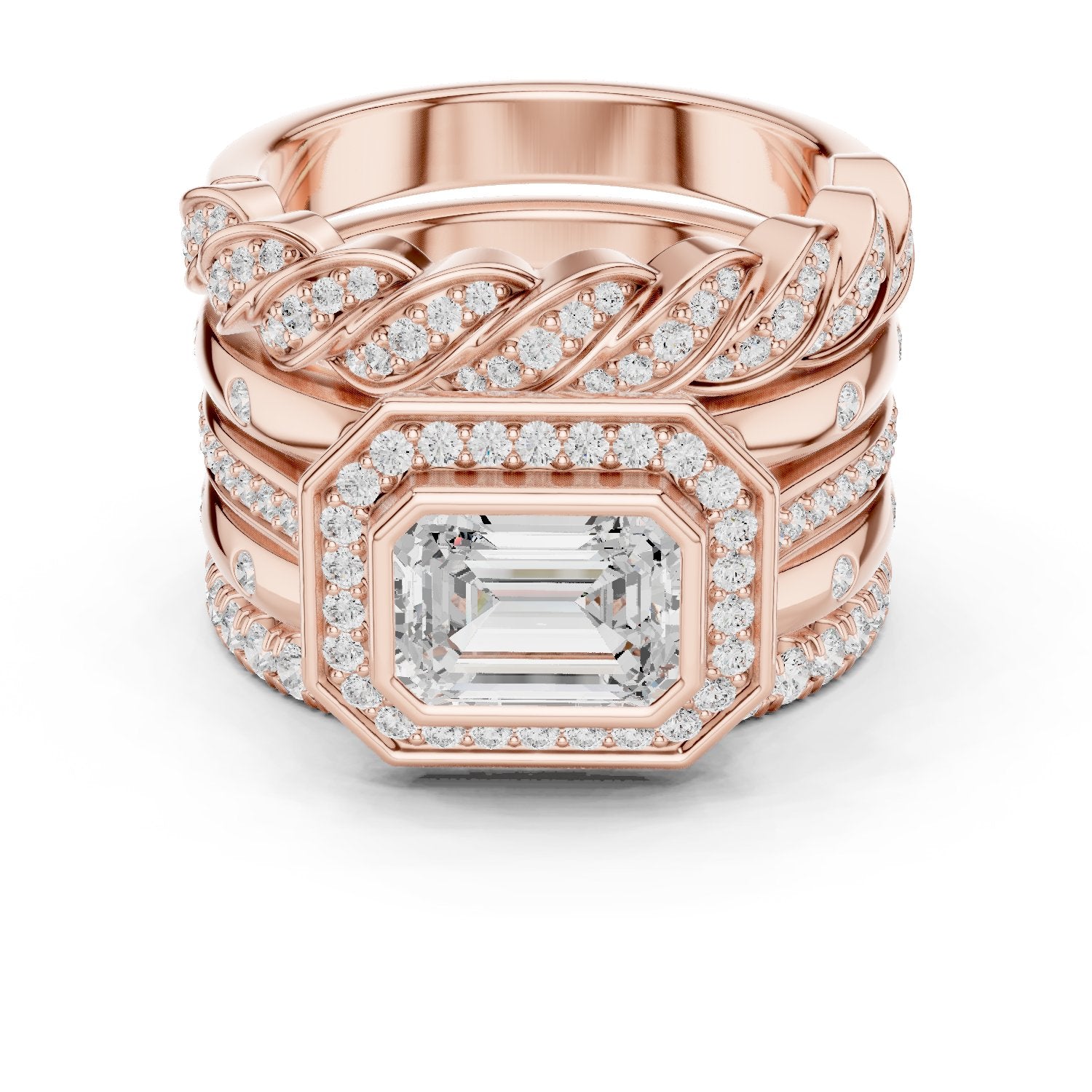 Emerald Cut Halo Engagement Ring with Stacked Multi-Band Pavé Wrap