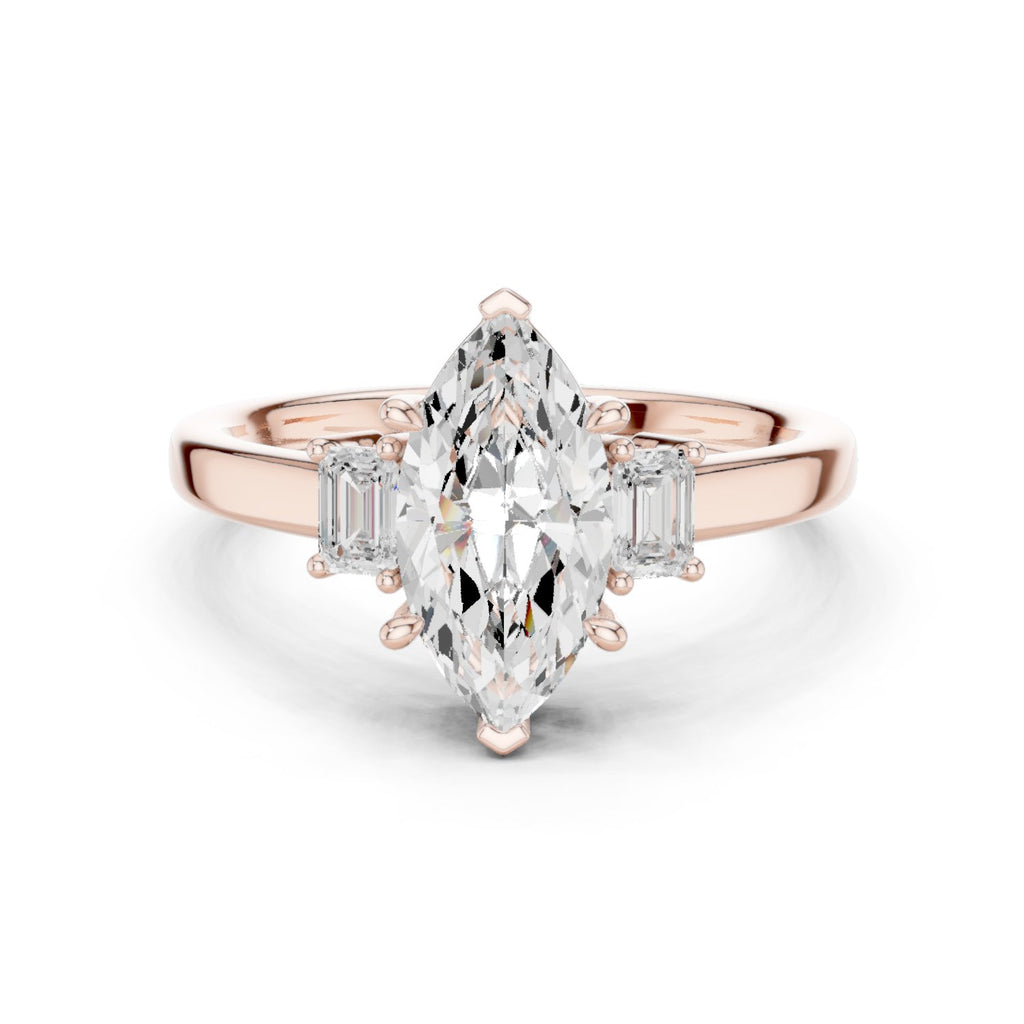 Marquise Cut Three Stone Engagement Ring with Emerald Sides