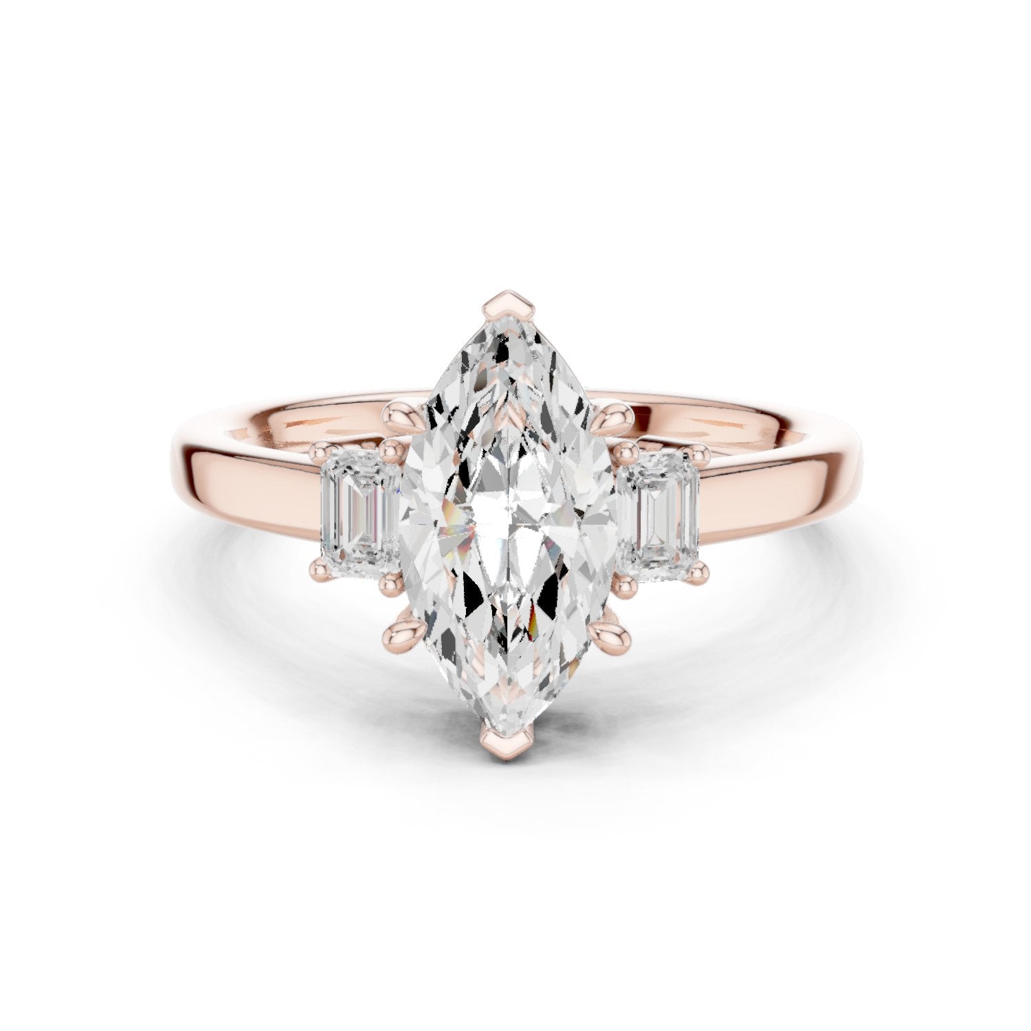 Marquise Cut Three Stone Engagement Ring with Emerald Sides