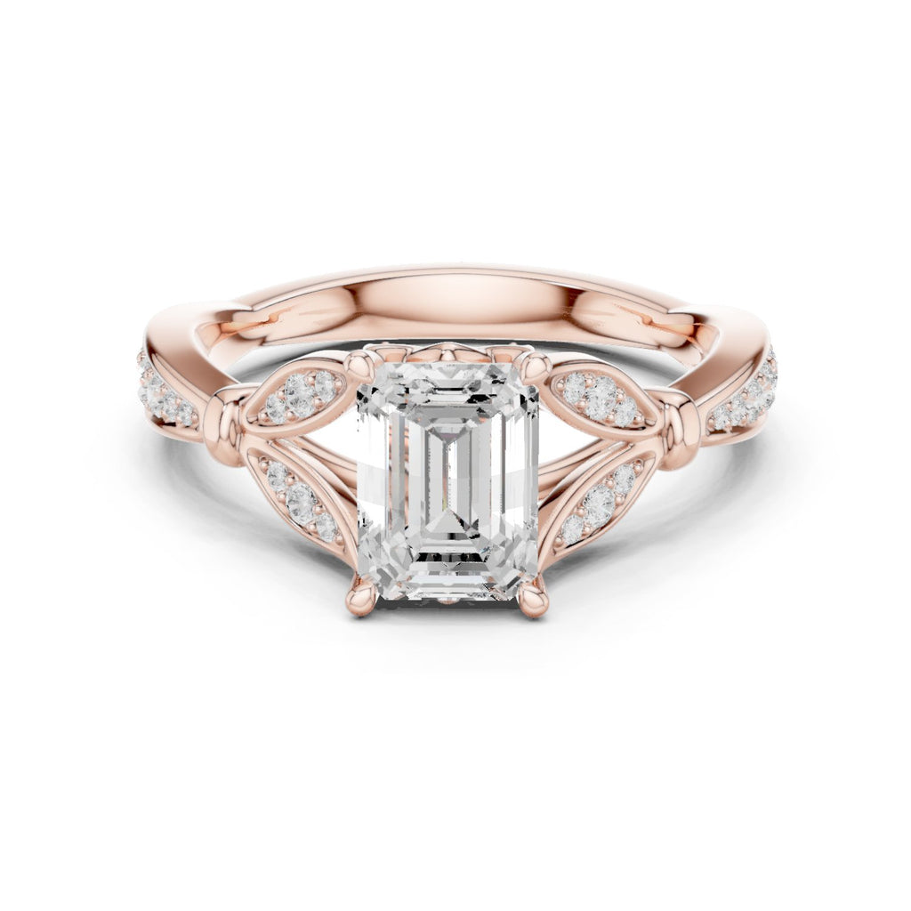 Emerald Cut Engagement Ring with Leaf Side Accents and Pavé Band