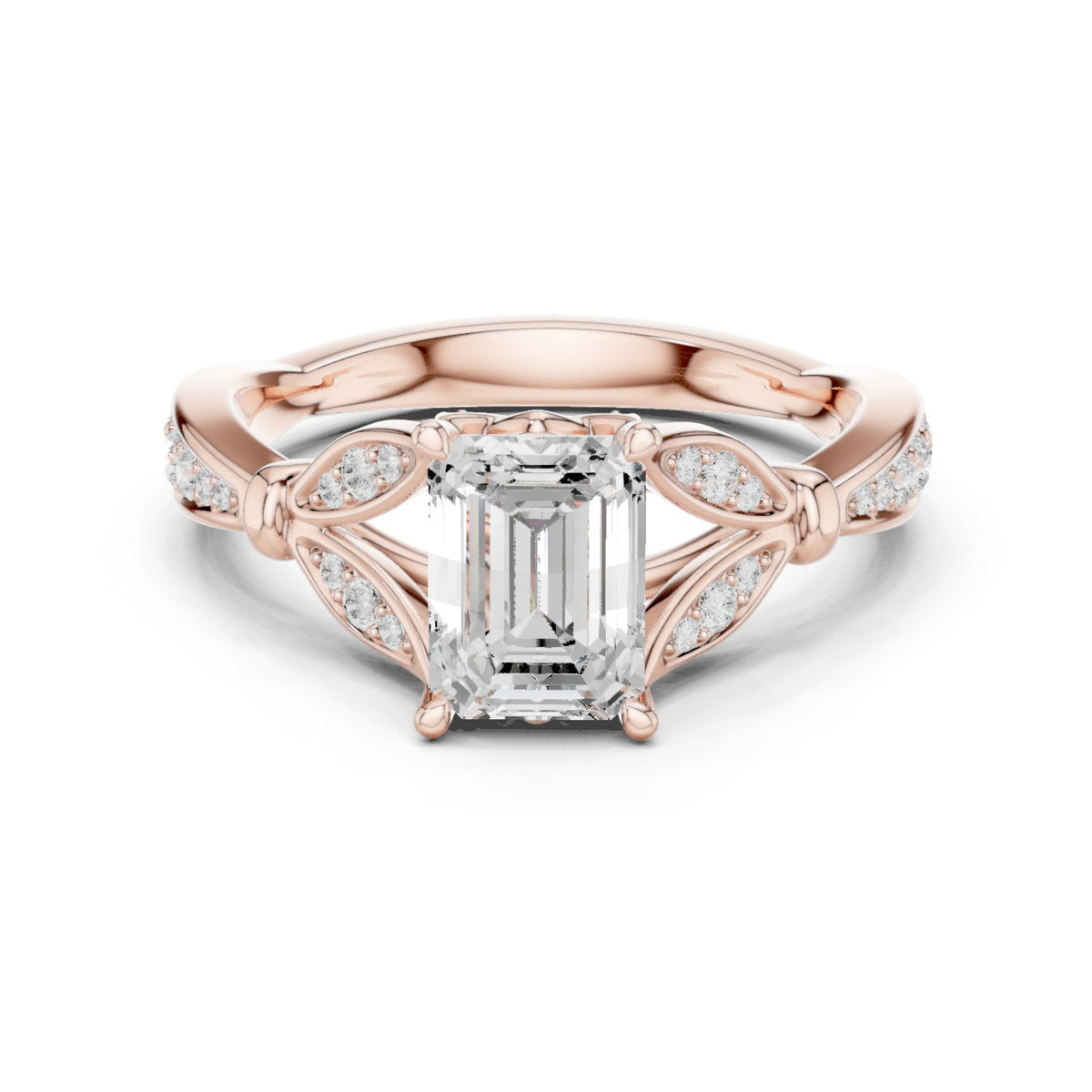 Emerald Cut Engagement Ring with Leaf Side Accents and Pavé Band