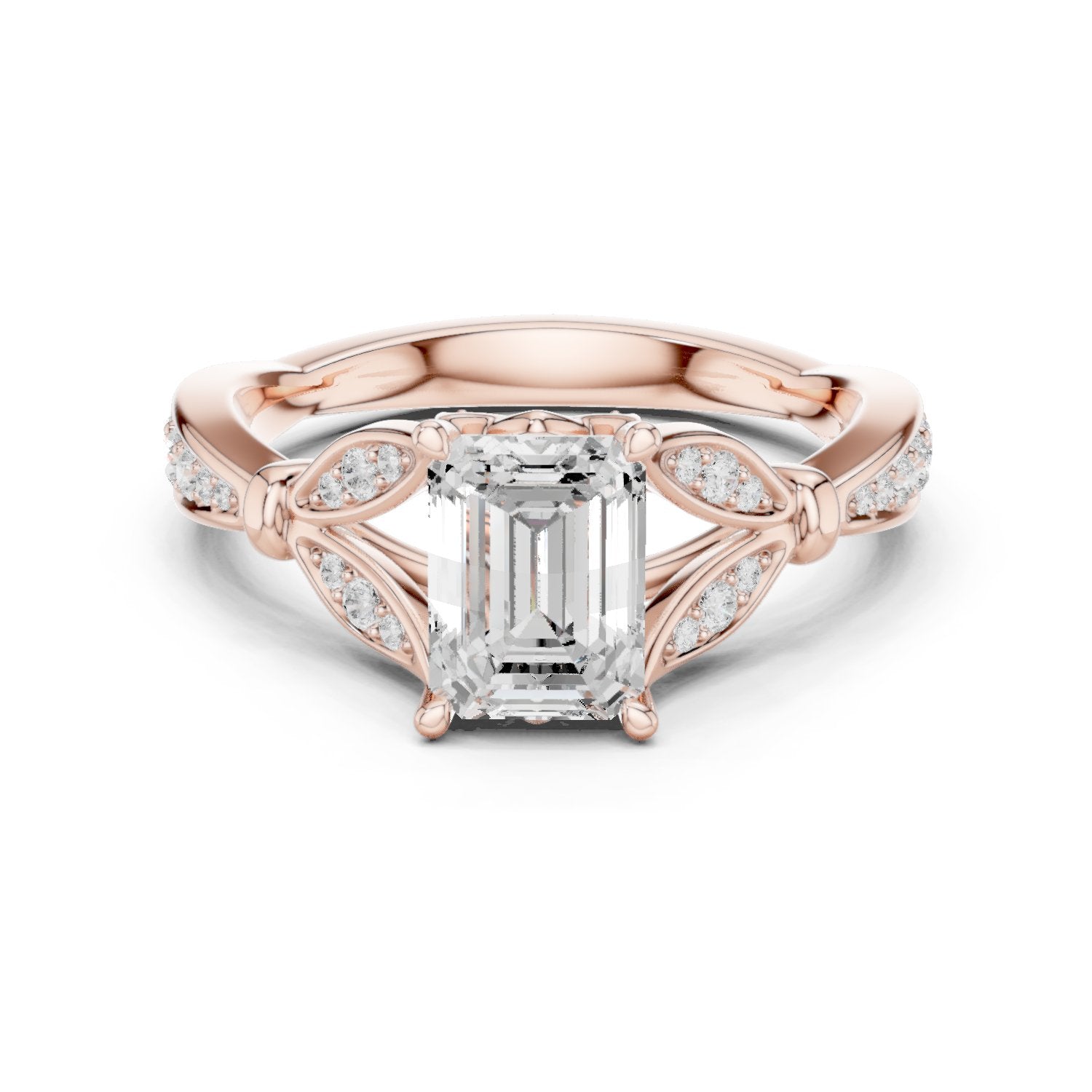 Emerald Cut Engagement Ring with Leaf Side Accents and Pavé Band