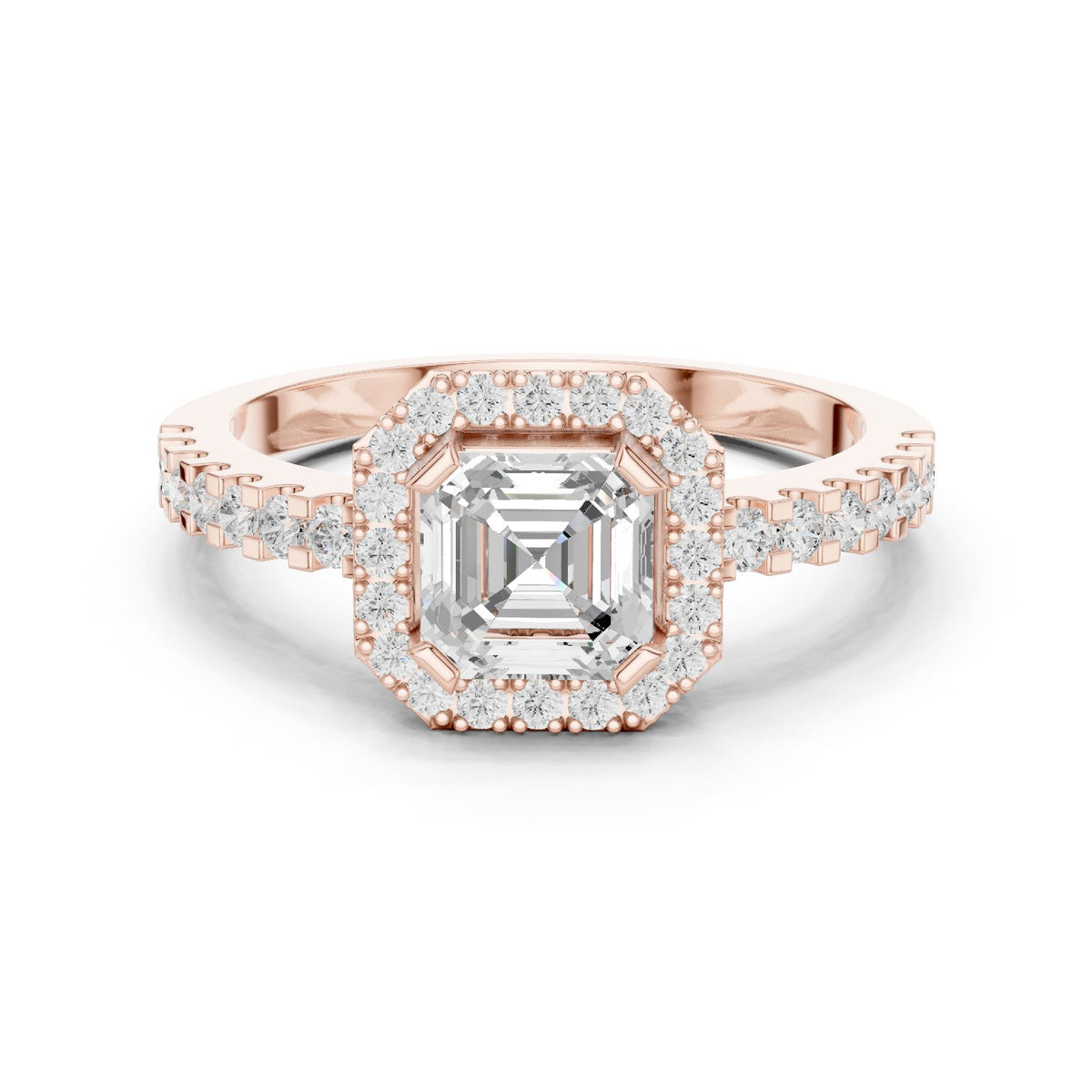 Asscher Cut Halo Engagement Ring with Crossover Pavé Band