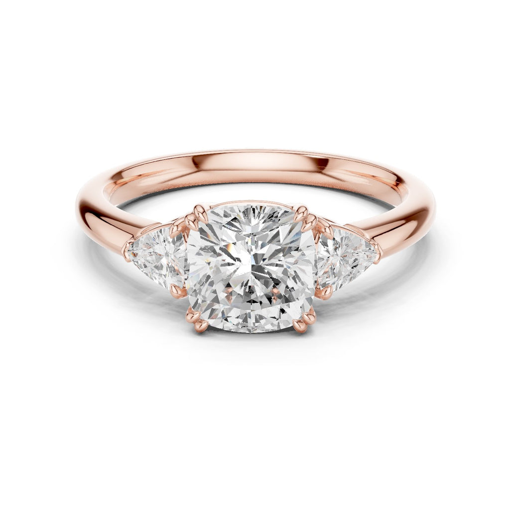 Cushion Cut Three Stone Engagement Ring with Trilliant Sides