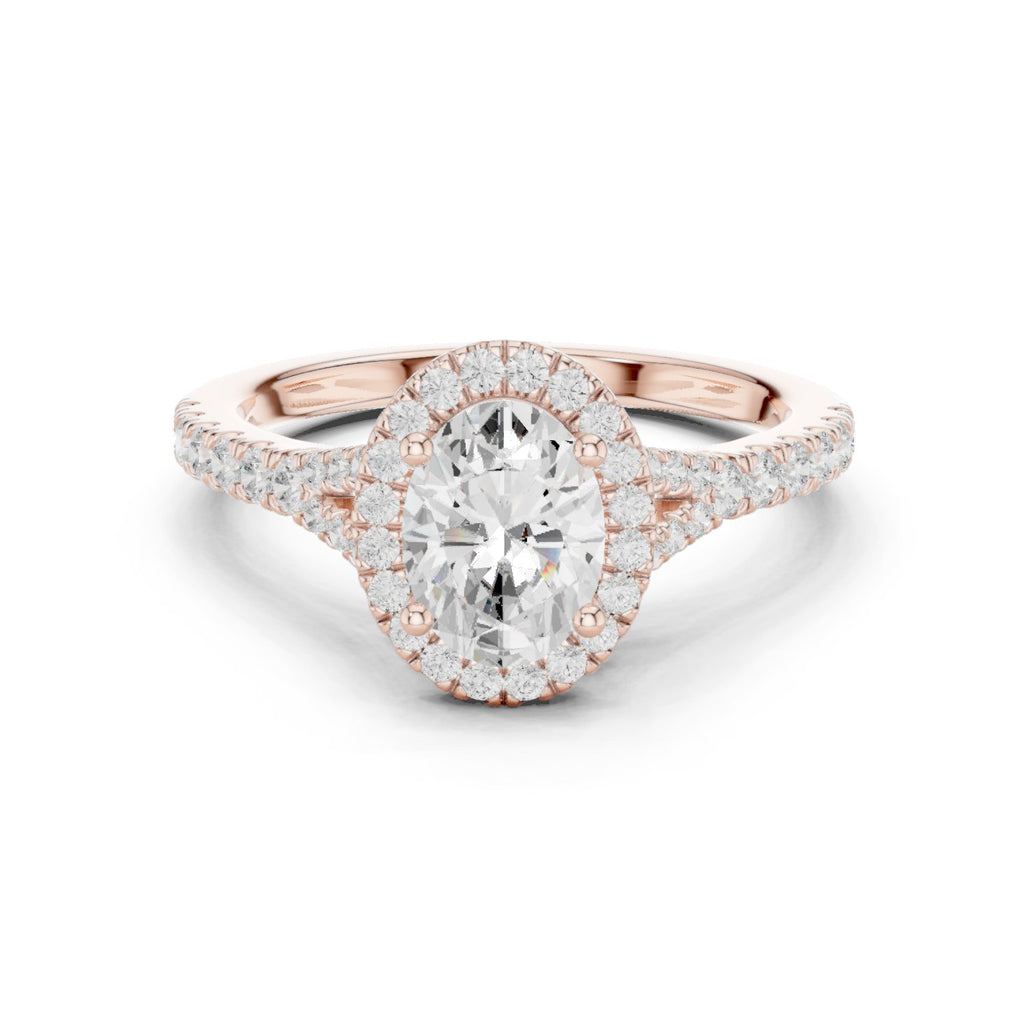 Oval Diamond Halo Engagement Ring with Double Band Split Shank Pavé