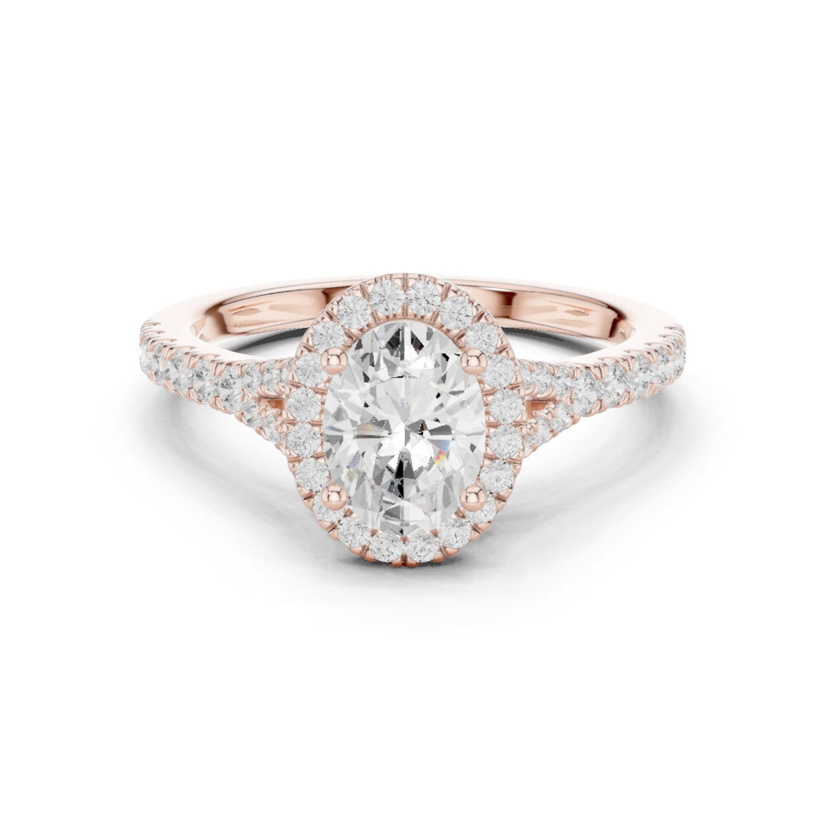 Oval Diamond Halo Engagement Ring with Double Band Split Shank Pavé