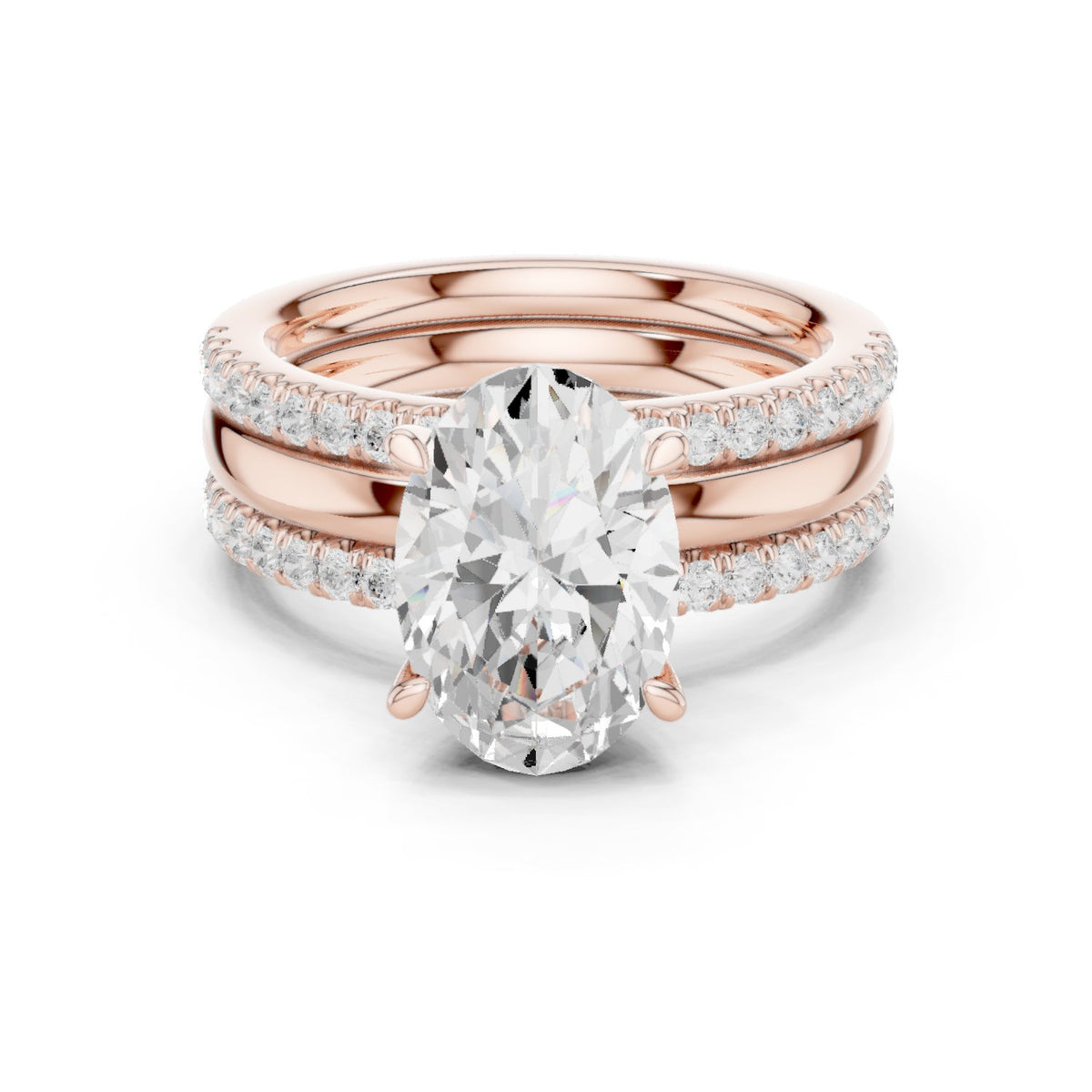 Oval Diamond Engagement Ring with Triple Stacked Pavé Band
