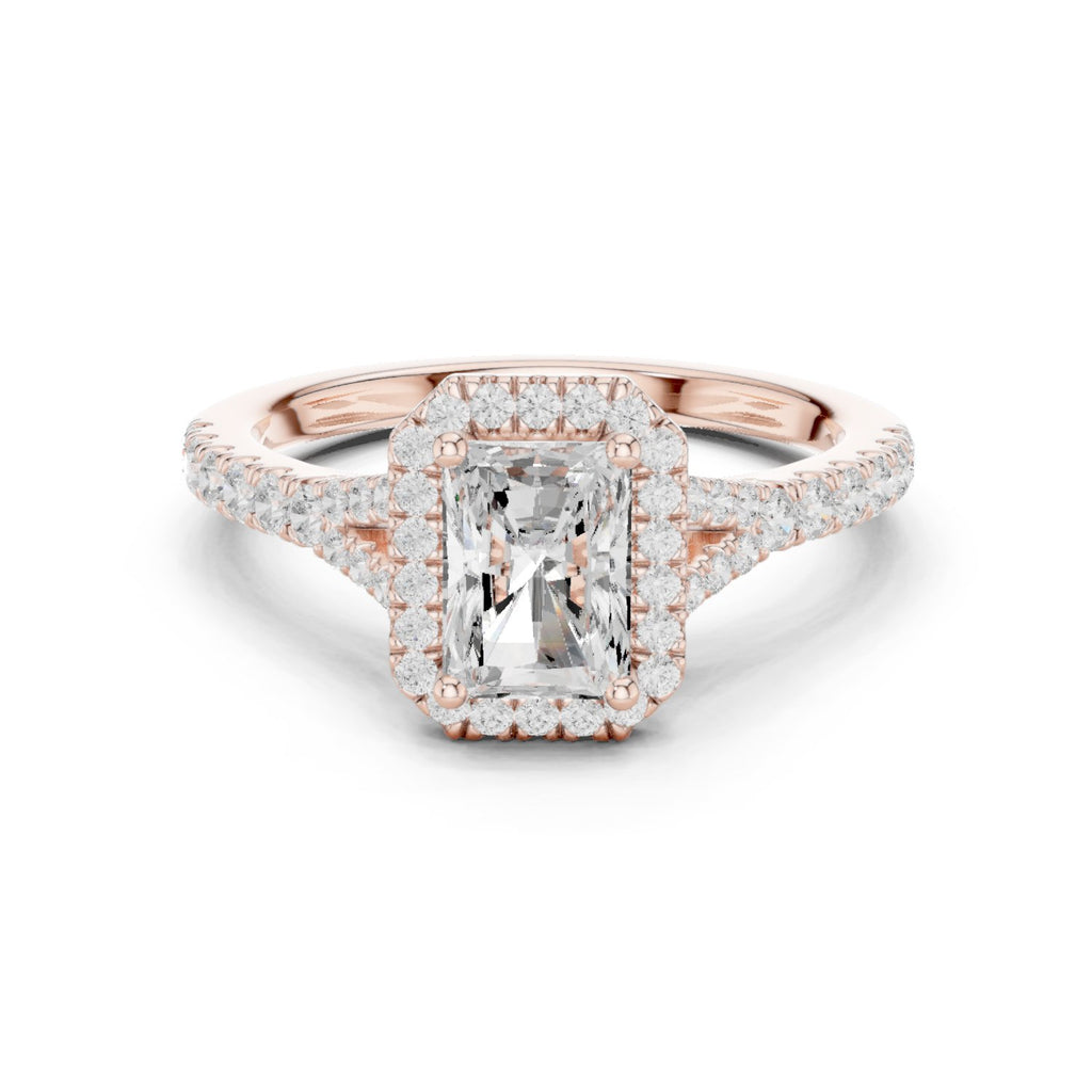 Radiant Cut Halo Engagement Ring with Split Shank Pavé Band