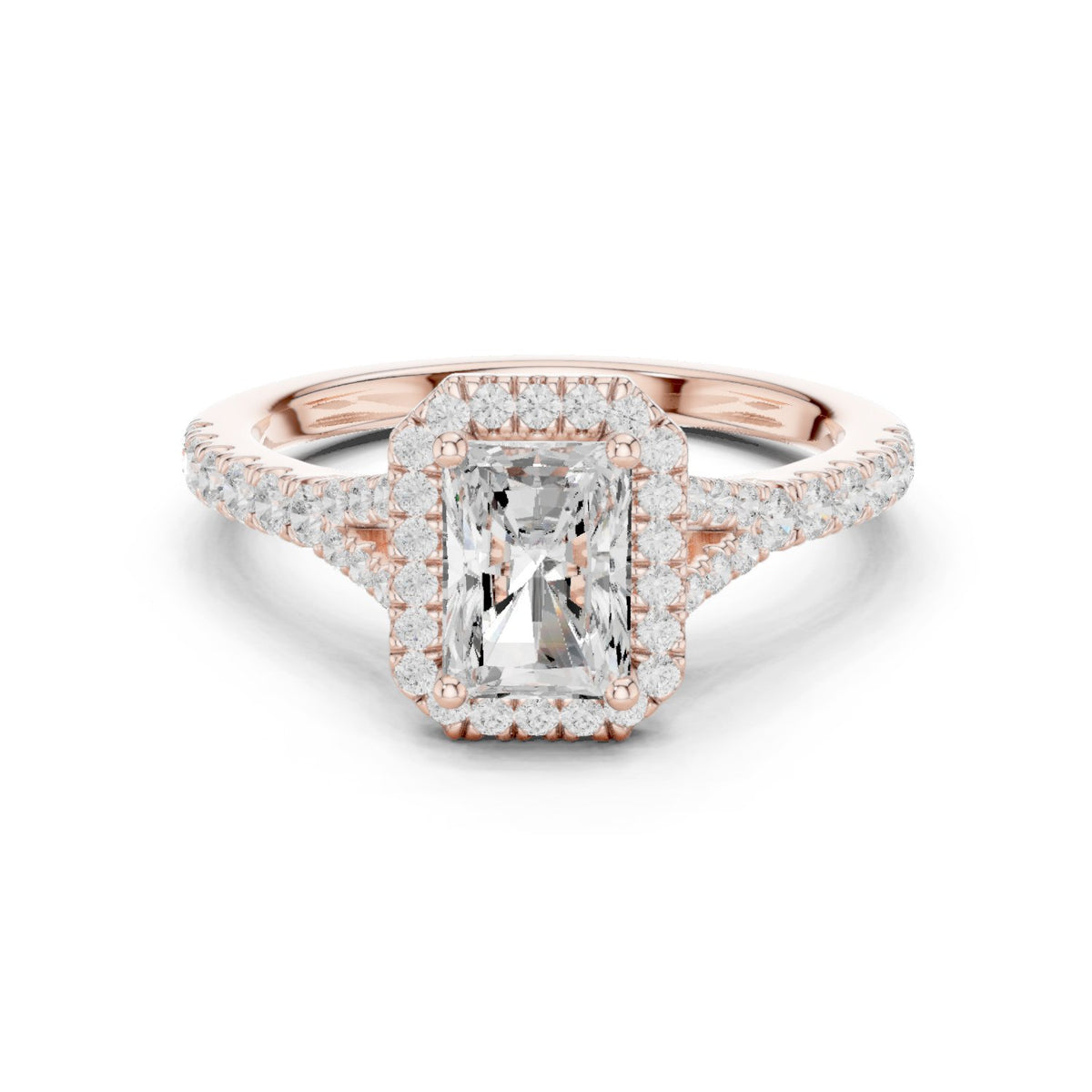 Radiant Cut Halo Engagement Ring with Split Shank Pavé Band