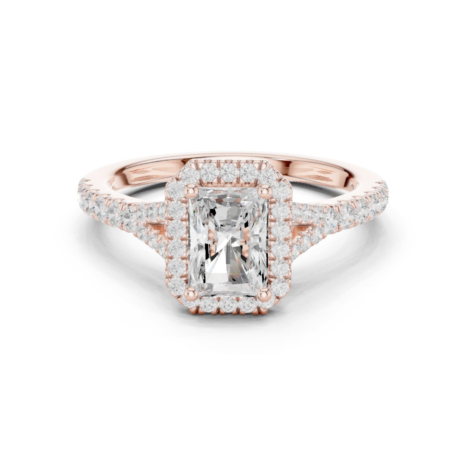 Radiant Cut Halo Engagement Ring with Split Shank Pavé Band