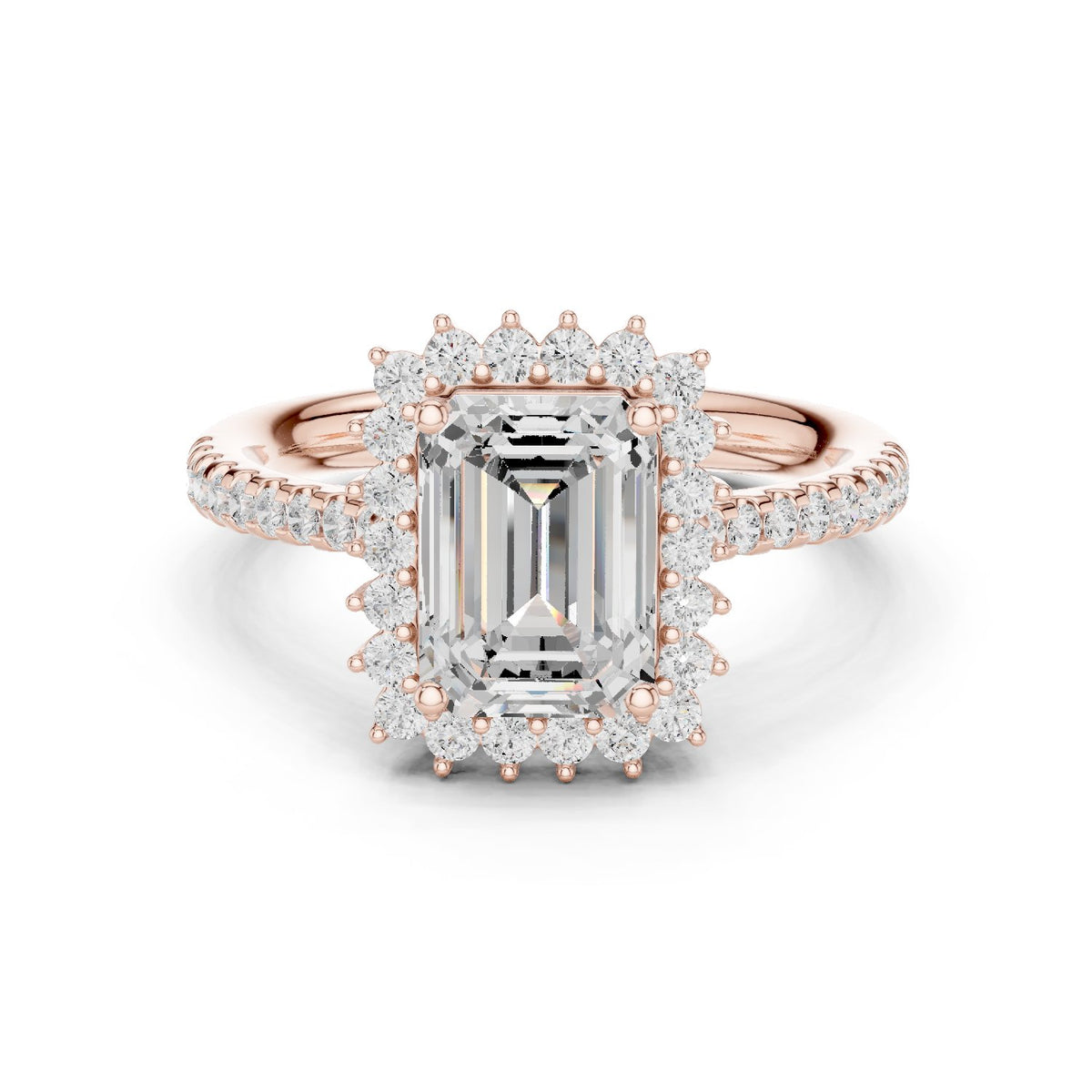 Emerald Cut Diamond Ballerina Halo Engagement Ring