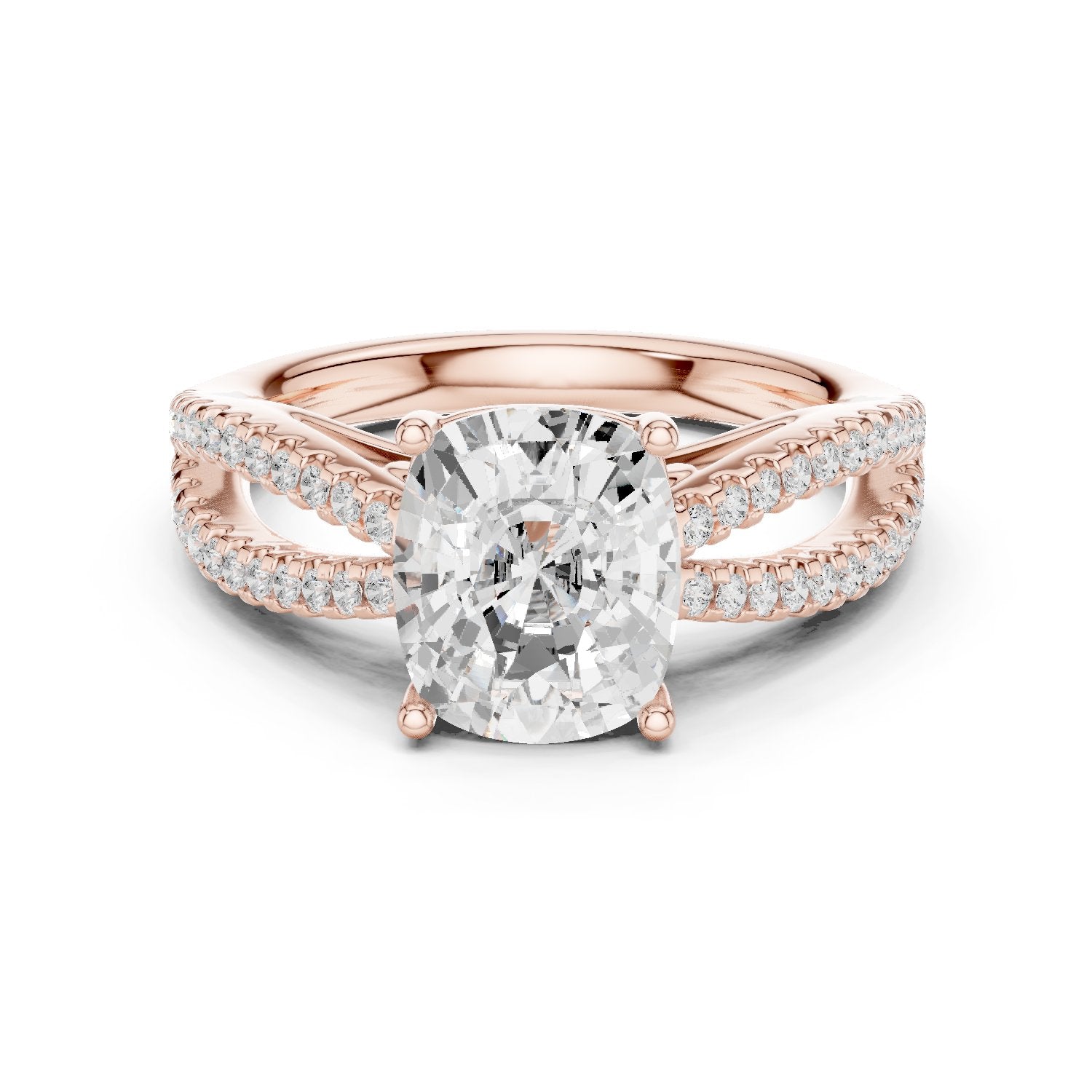 Cushion Cut Engagement Ring with Crossover Pavé Split Shank