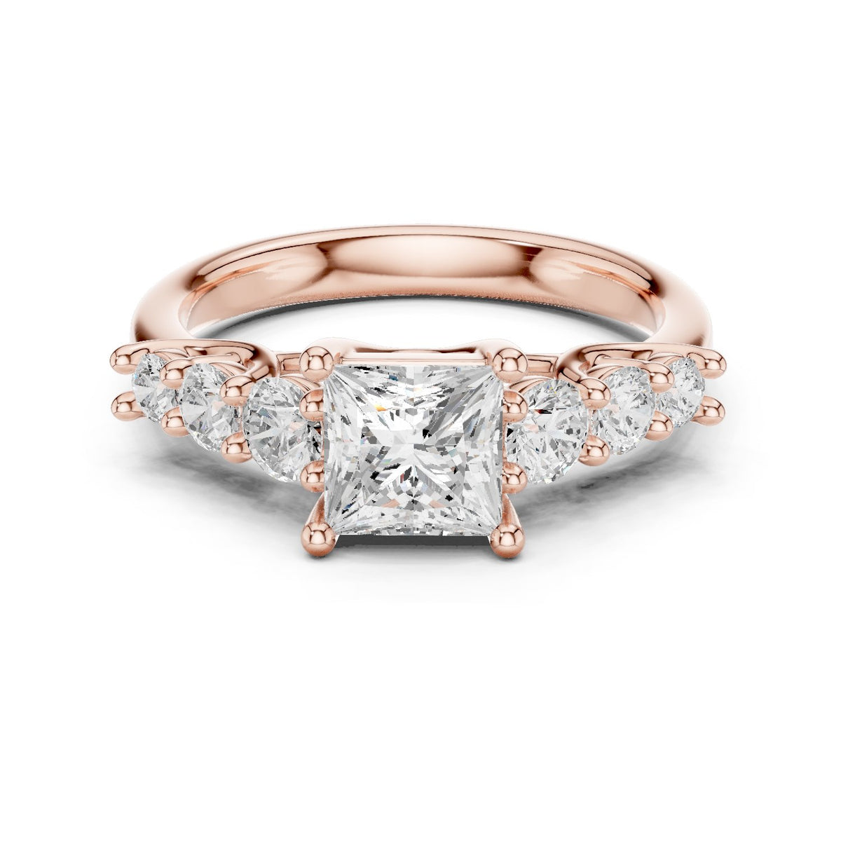 Princess Cut Engagement Ring with Round Side Accents on Chevron Shoulders