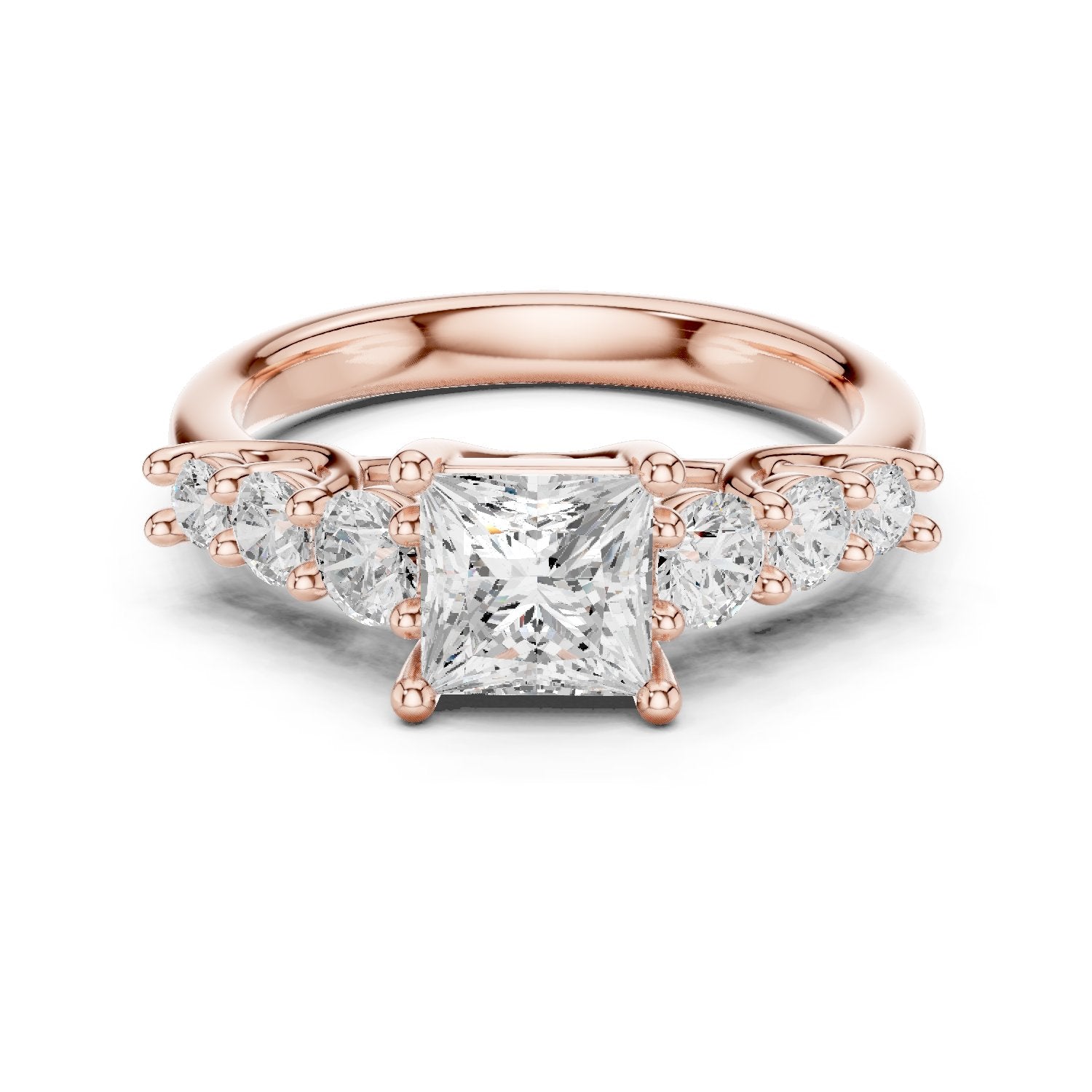 Princess Cut Engagement Ring with Round Side Accents on Chevron Shoulders