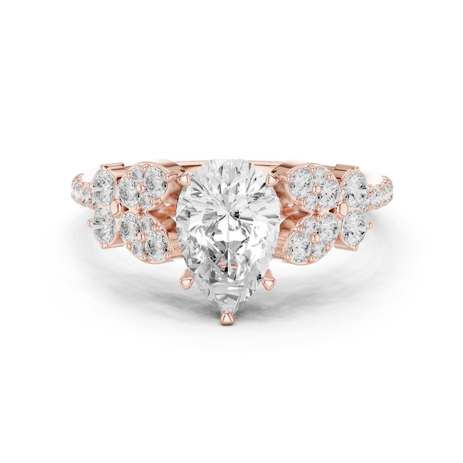 Pear Diamond Engagement Ring with Floral Side Cluster Accents and Pavé Band