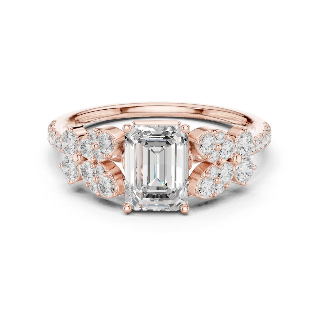 Emerald Cut Engagement Ring with Floral Side Cluster Accents